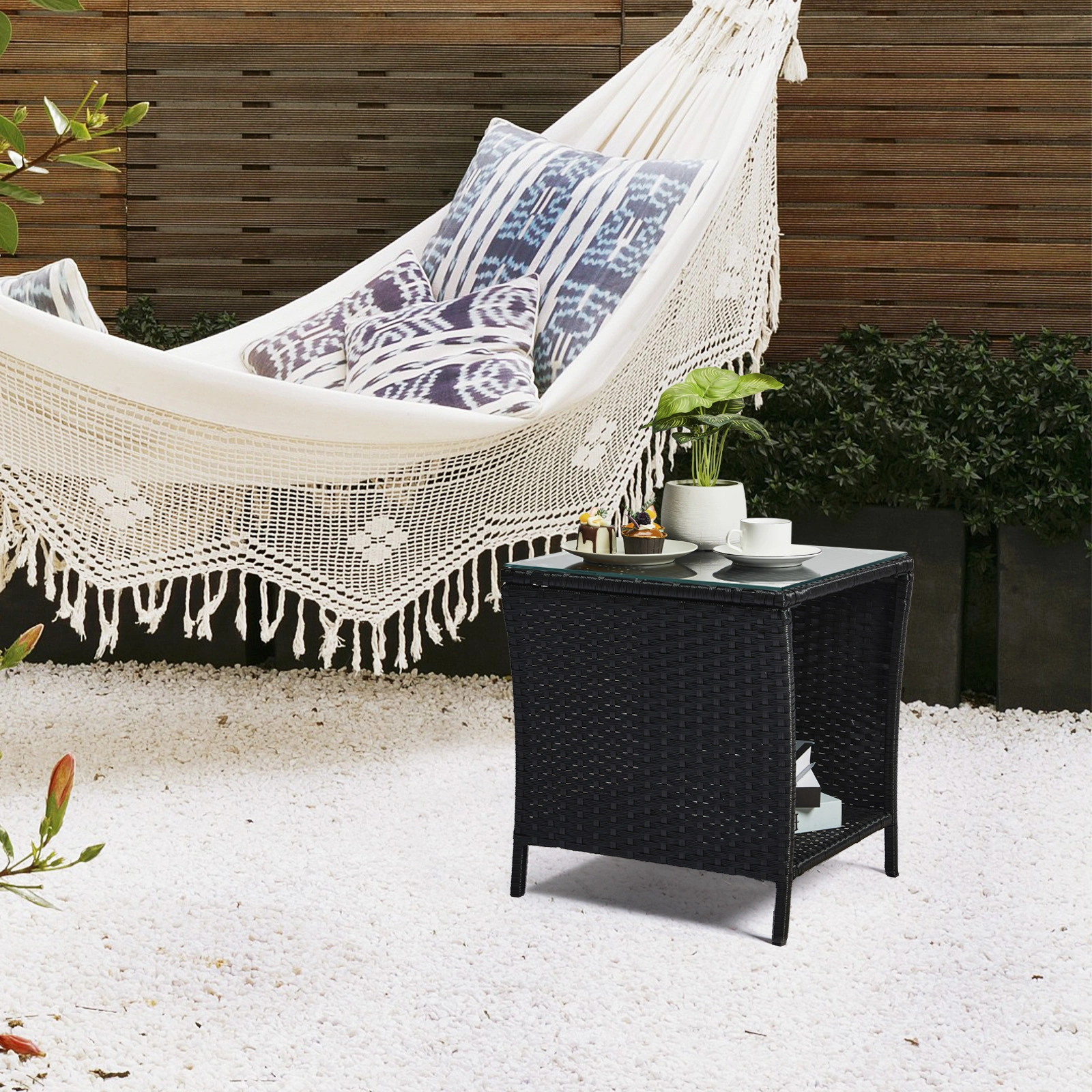 Outdoor Patio Wicker Side Table, Square End Table Bistro Coffee Table with Glass Top Storage Shelf for Porch Garden Backyard Black view 17