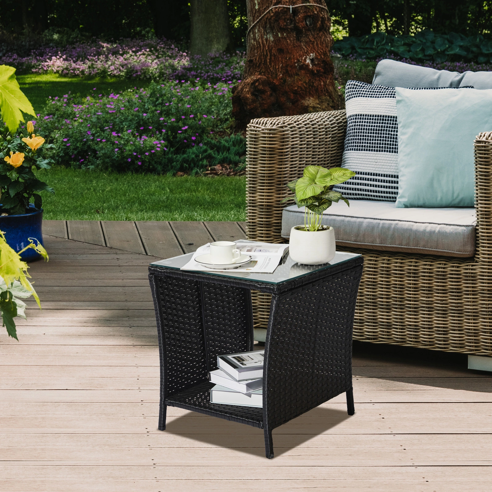 Outdoor Patio Wicker Side Table, Square End Table Bistro Coffee Table with Glass Top Storage Shelf for Porch Garden Backyard Black view 22
