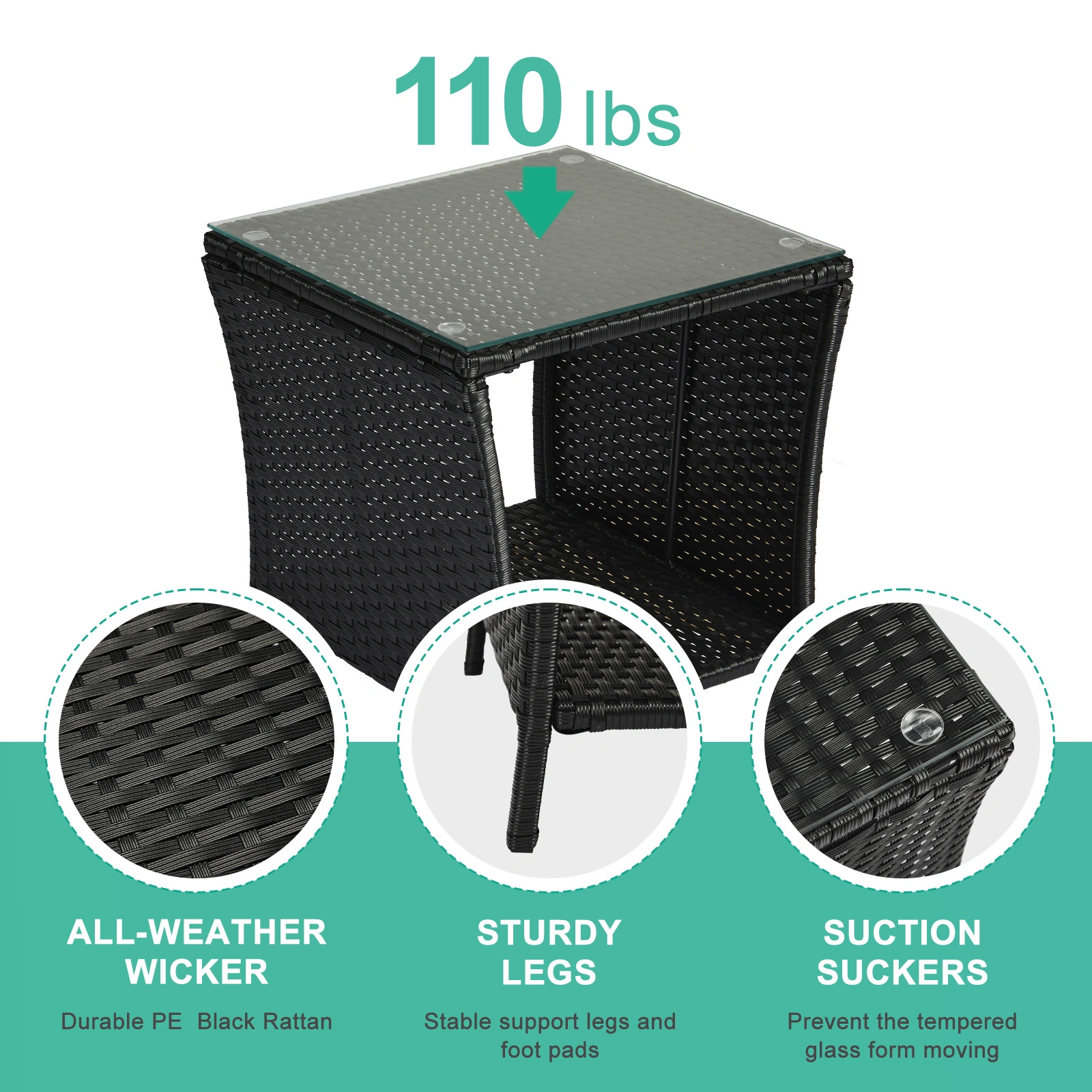 Outdoor Patio Wicker Side Table, Square End Table Bistro Coffee Table with Glass Top Storage Shelf for Porch Garden Backyard Black view 3