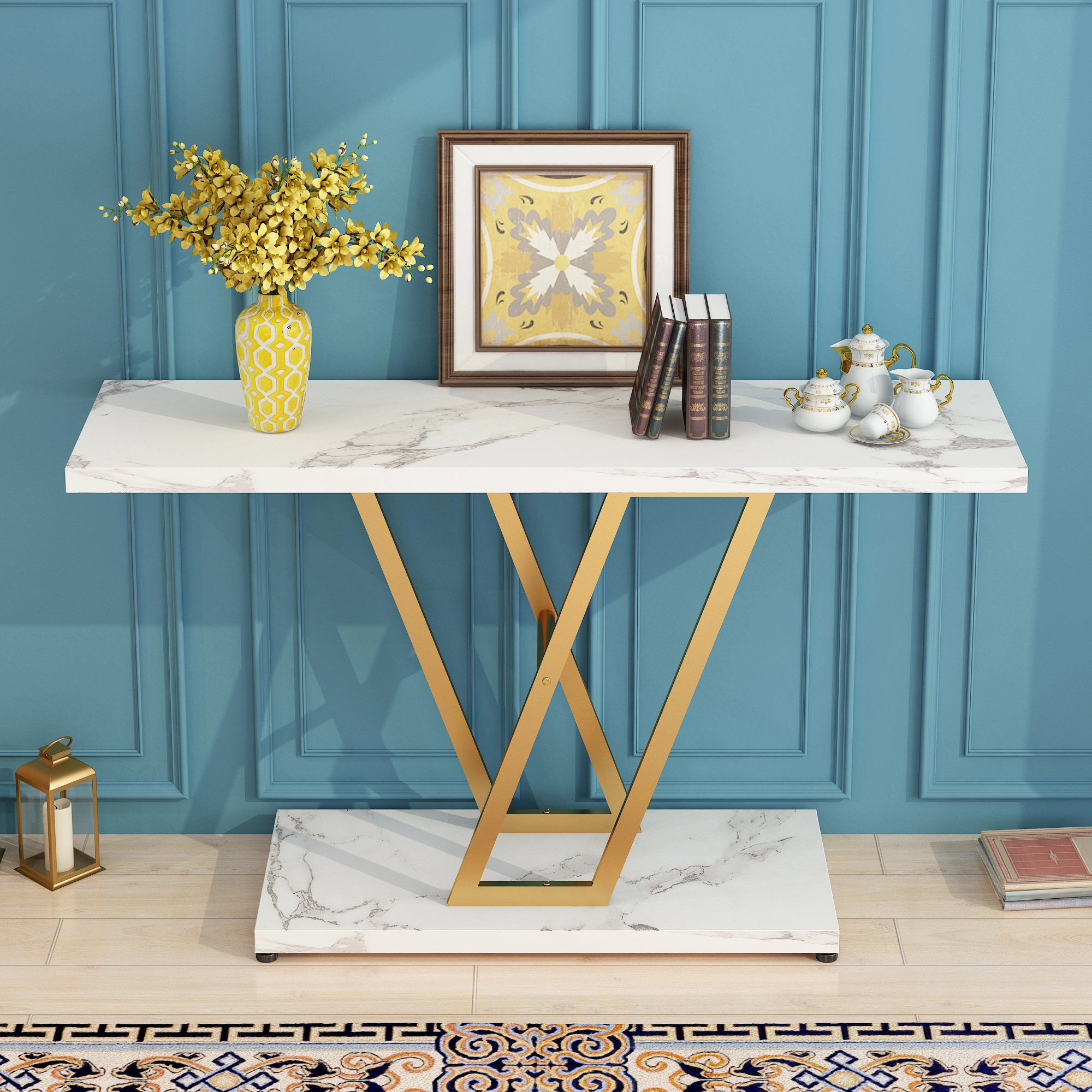 Console Table, Industrial Hallway Table for Entryway, 42 Inch Entryway Tables Narrow Sofa Table for Living Room, Stable Metal Frame & Easy Assemble,Gold/White Color