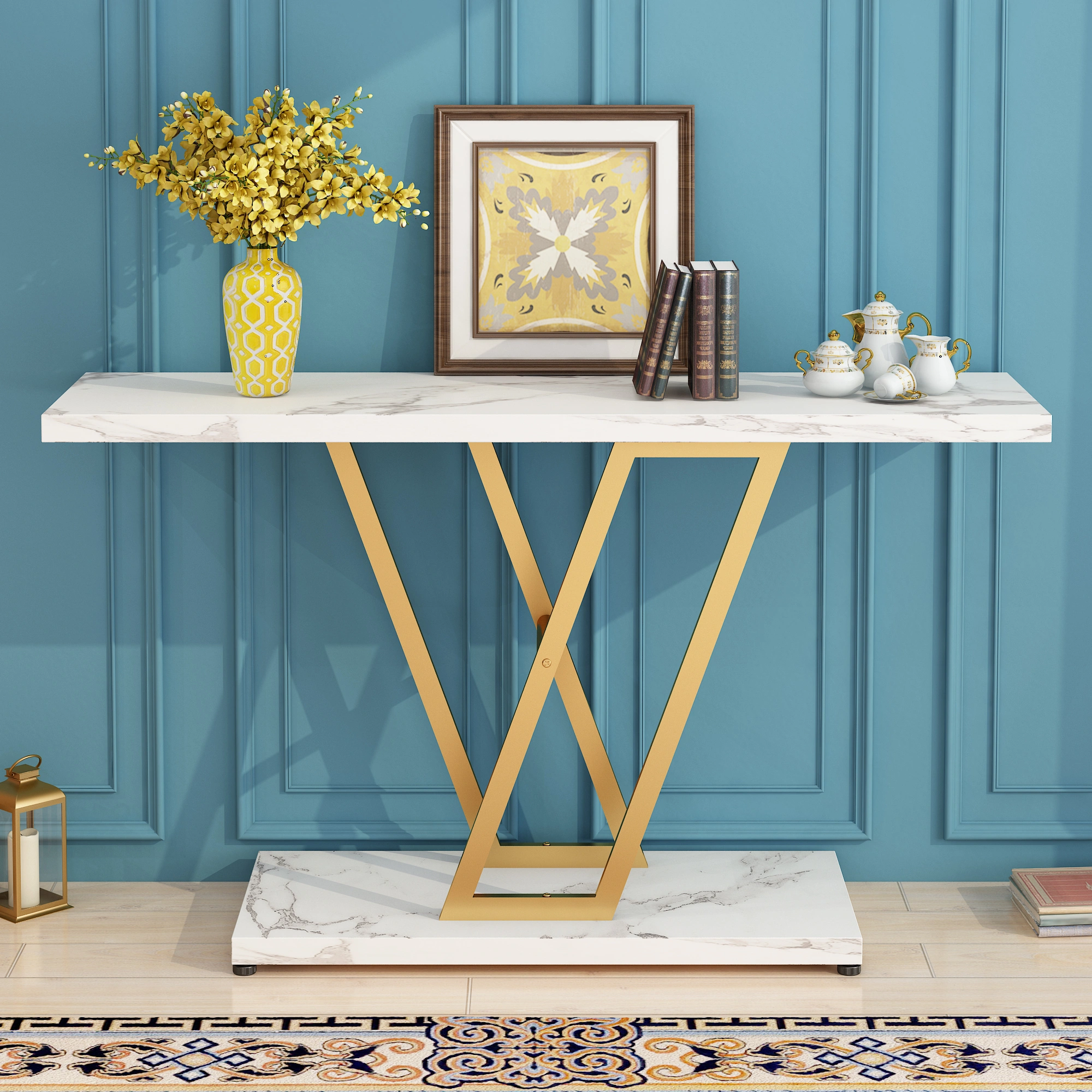 Console Table, Industrial Hallway Table for Entryway, 42 Inch Entryway Tables Narrow Sofa Table for Living Room, Stable Metal Frame & Easy Assemble,Gold/White Color view 10