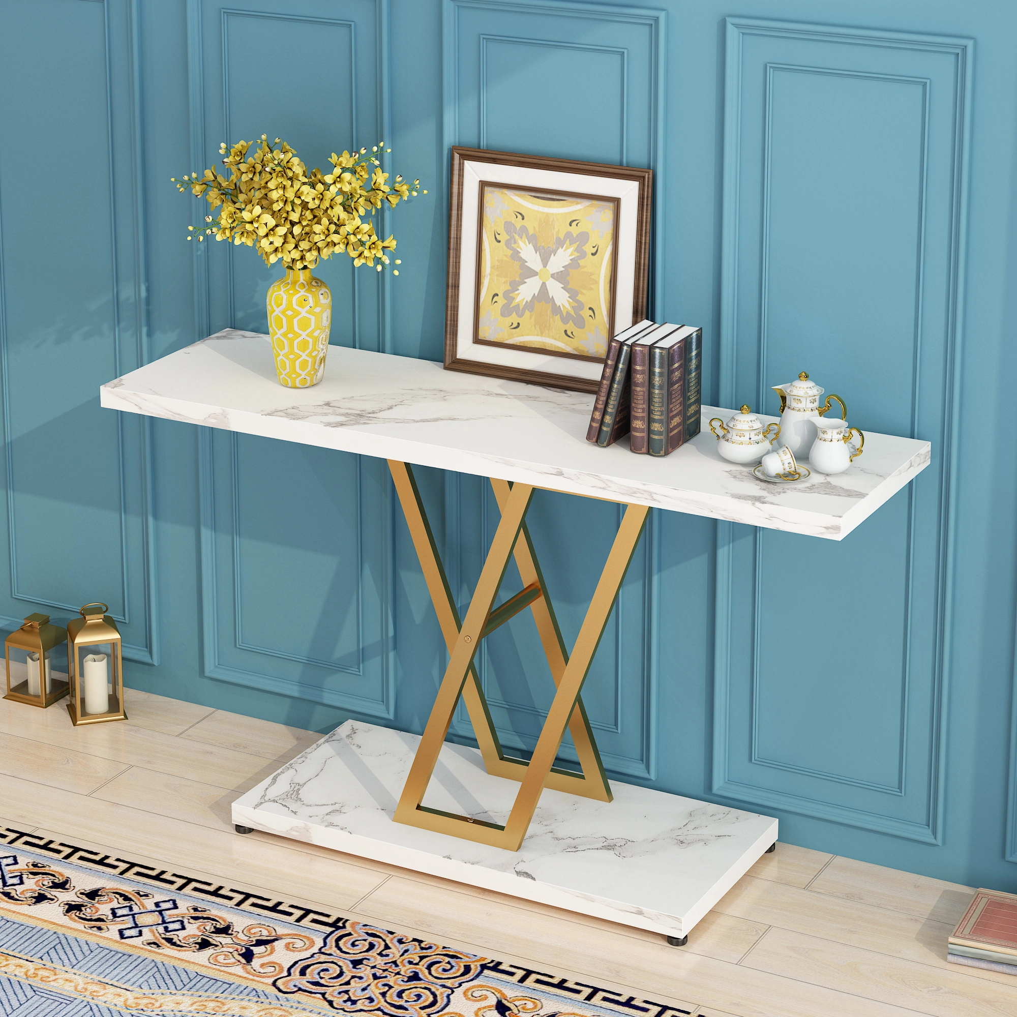 Console Table, Industrial Hallway Table for Entryway, 42 Inch Entryway Tables Narrow Sofa Table for Living Room, Stable Metal Frame & Easy Assemble,Gold/White Color view 11