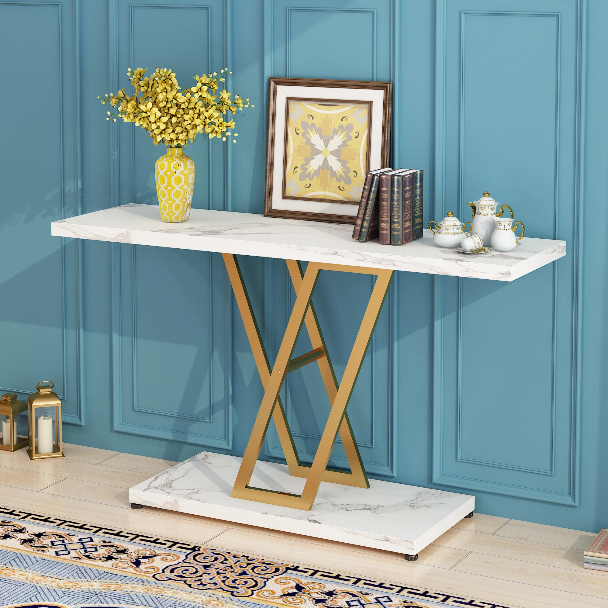 Console Table, Industrial Hallway Table for Entryway, 42 Inch Entryway Tables Narrow Sofa Table for Living Room, Stable Metal Frame & Easy Assemble,Gold/White Color view 12