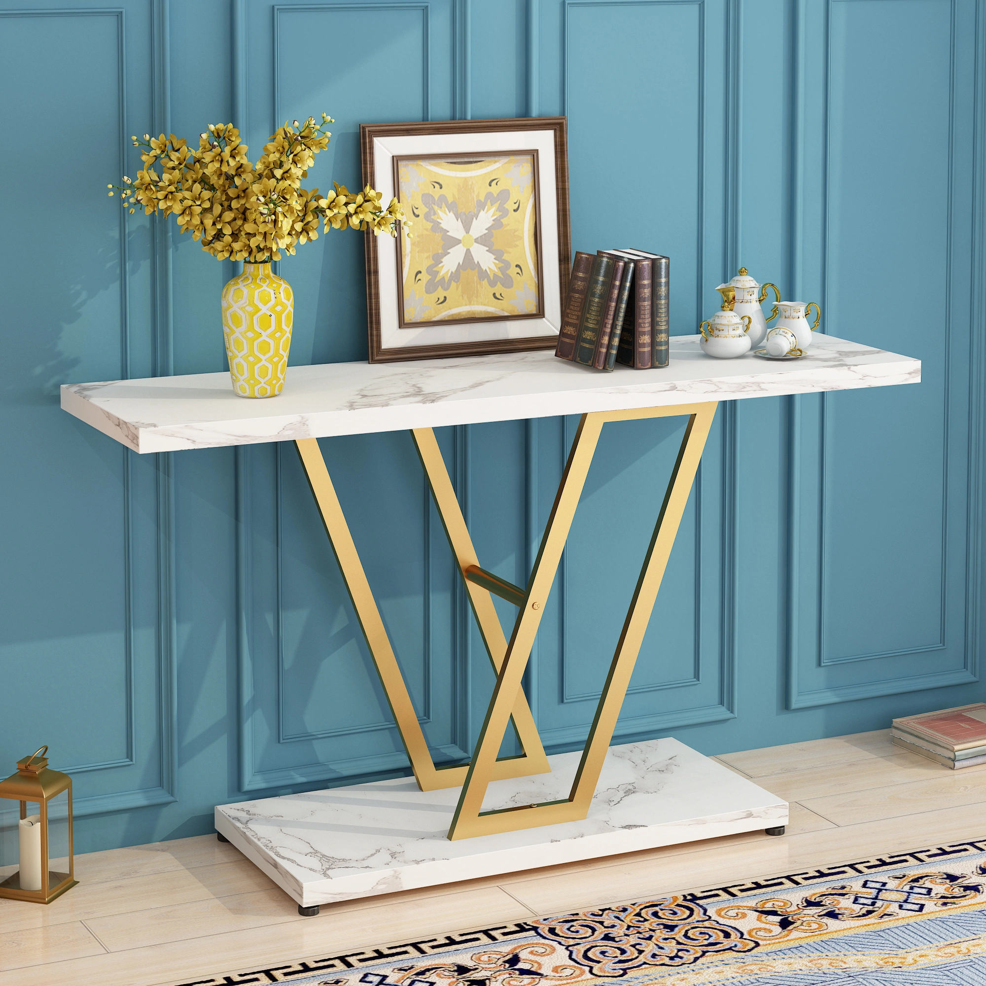 Console Table, Industrial Hallway Table for Entryway, 42 Inch Entryway Tables Narrow Sofa Table for Living Room, Stable Metal Frame & Easy Assemble,Gold/White Color view 13