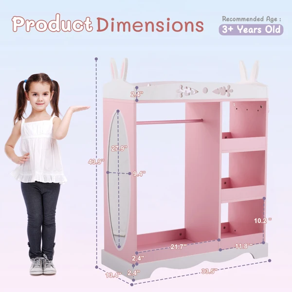 Pink MDF + Particleboard Children's Wardrobe with 1 Mirror, 3 Shelves, and 1 Clothes Rod; Rabbit Ear Design view 4