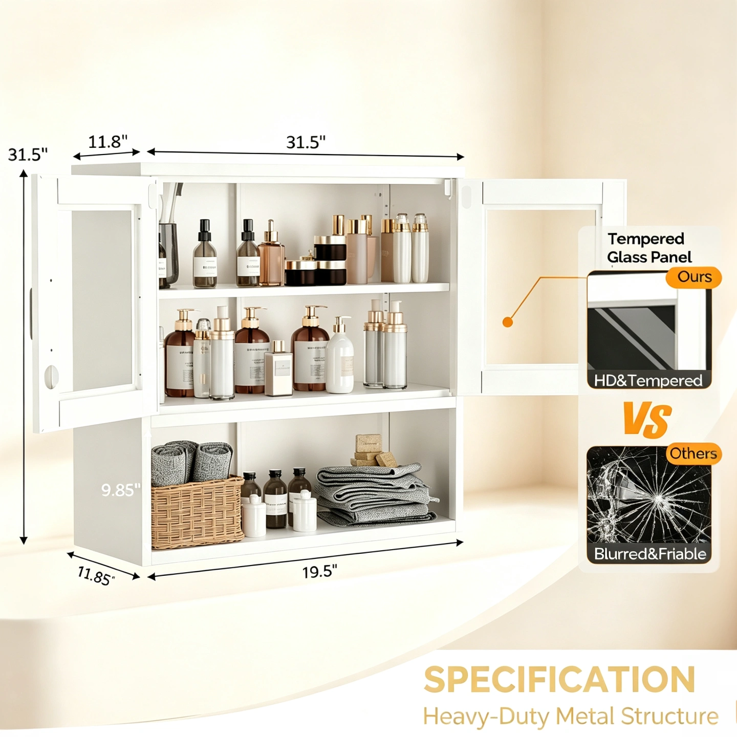 White Steel Wall Mount Display Cabinet 31.5"x31.5"x11.8" No Light Curio Showcase Hanging Storage view 3