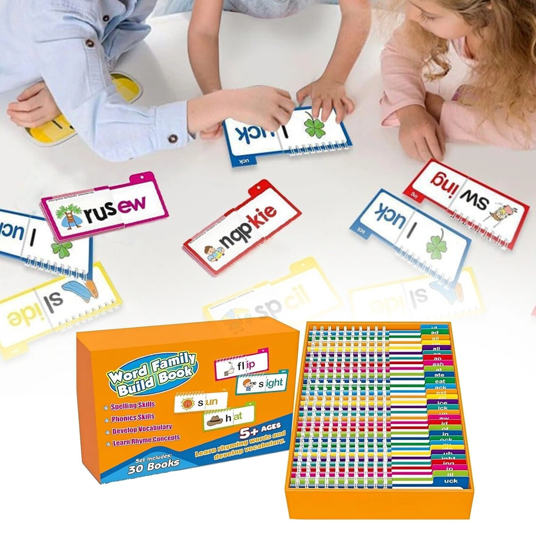 30 Pack Read and Rhyme Flip Books Word Families Flash Cards, Sight Word Learning Cards