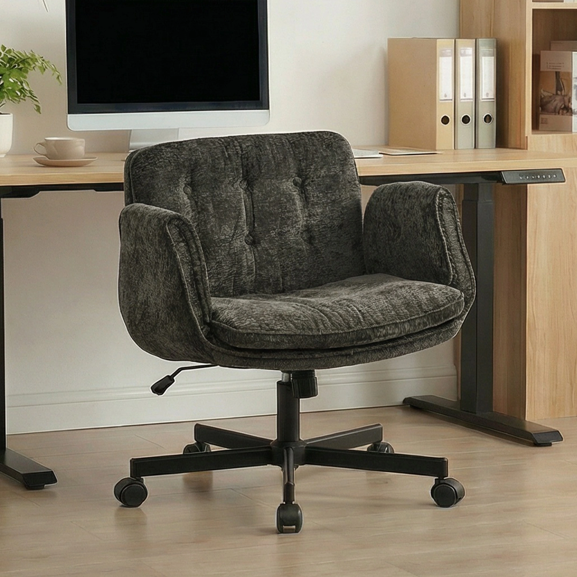 Height Adjustable Swivel Office Chair with Foldable Armrests & Casters, Black Home Desk Chair