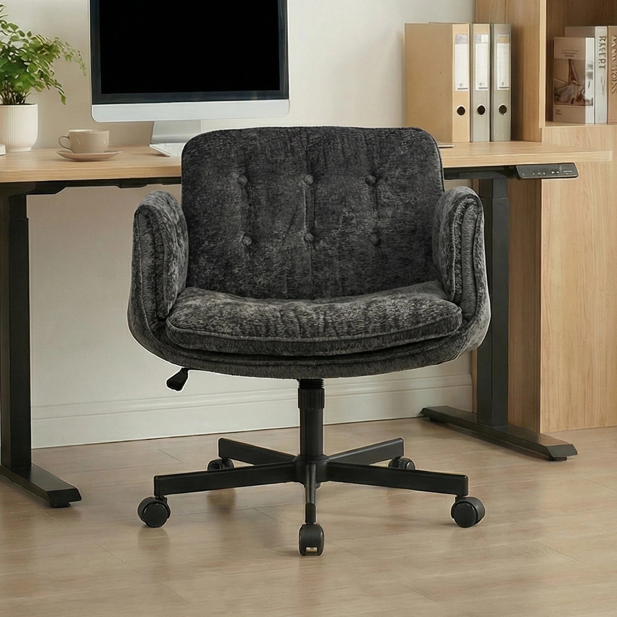 Height Adjustable Swivel Office Chair with Foldable Armrests & Casters, Black Home Desk Chair view 2