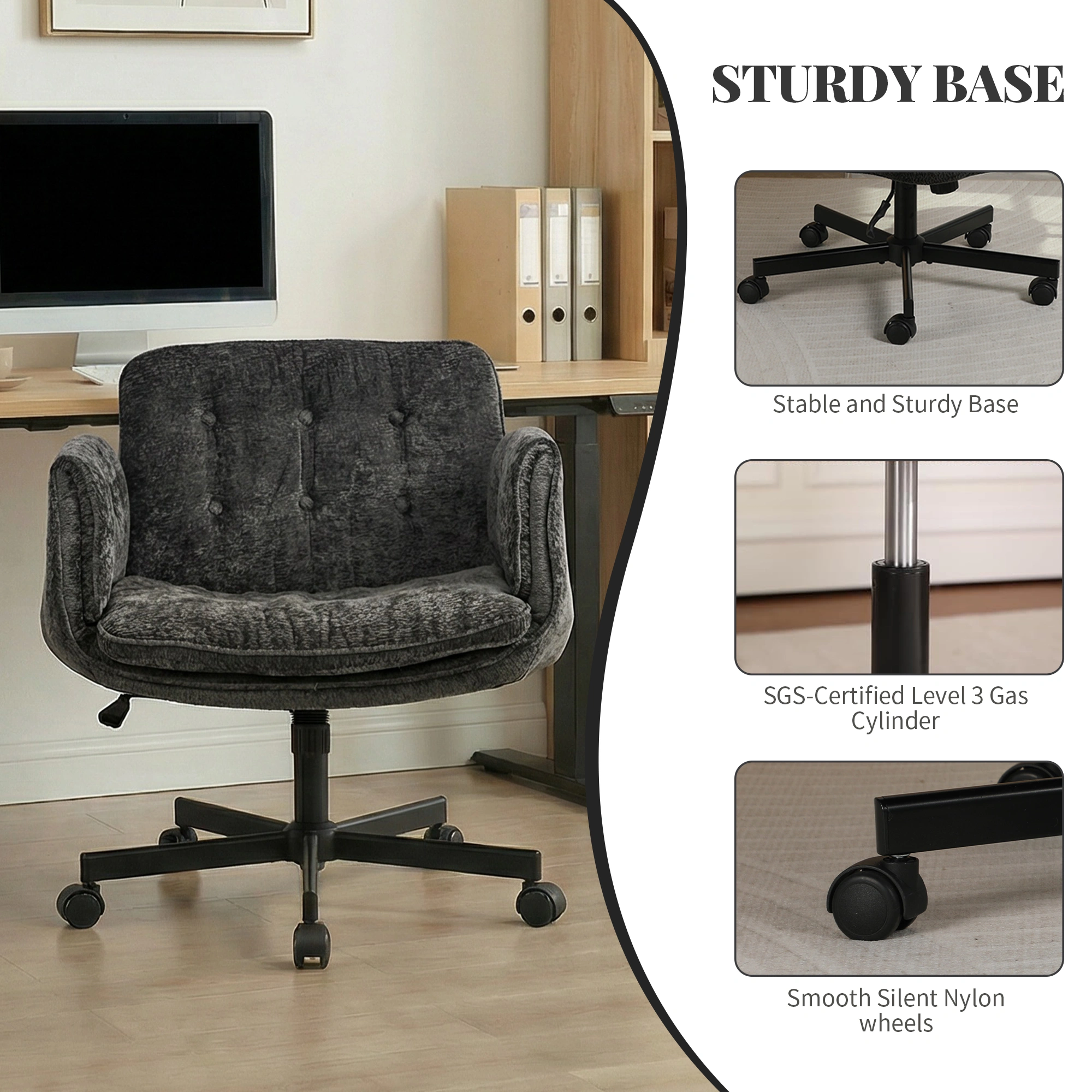 Height Adjustable Swivel Office Chair with Foldable Armrests & Casters, Black Home Desk Chair view 5