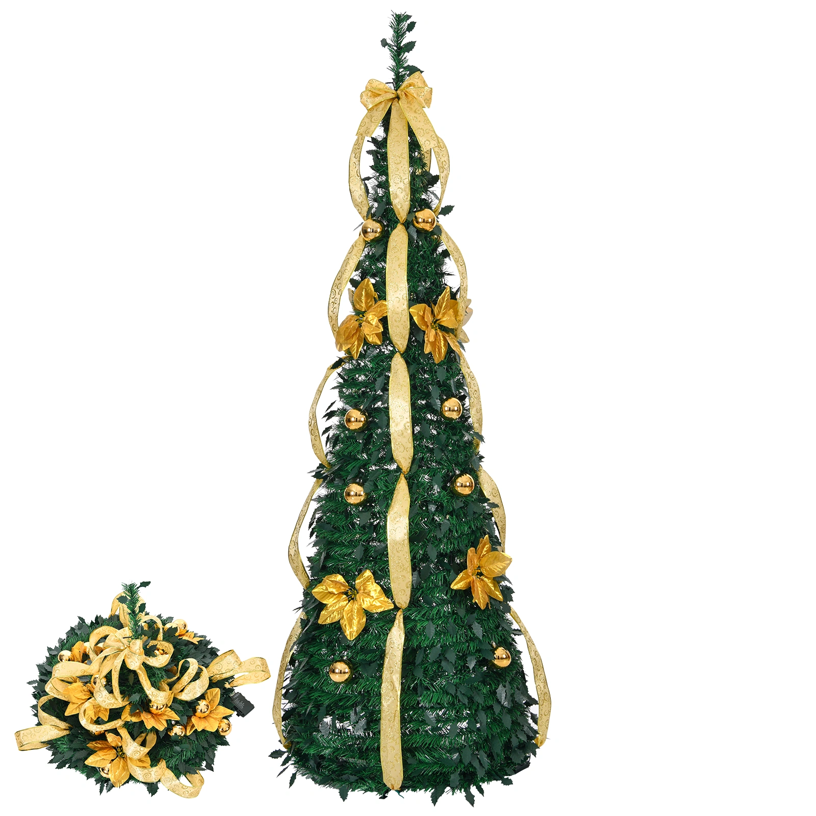 6 FT Pop Up Christmas Tree Pre-Lit with 80 Warm Lights Battery Operated, Fully Decorated Artificial Xmas Tree Golden Silver Ornaments for Home Office Holiday Decoration
