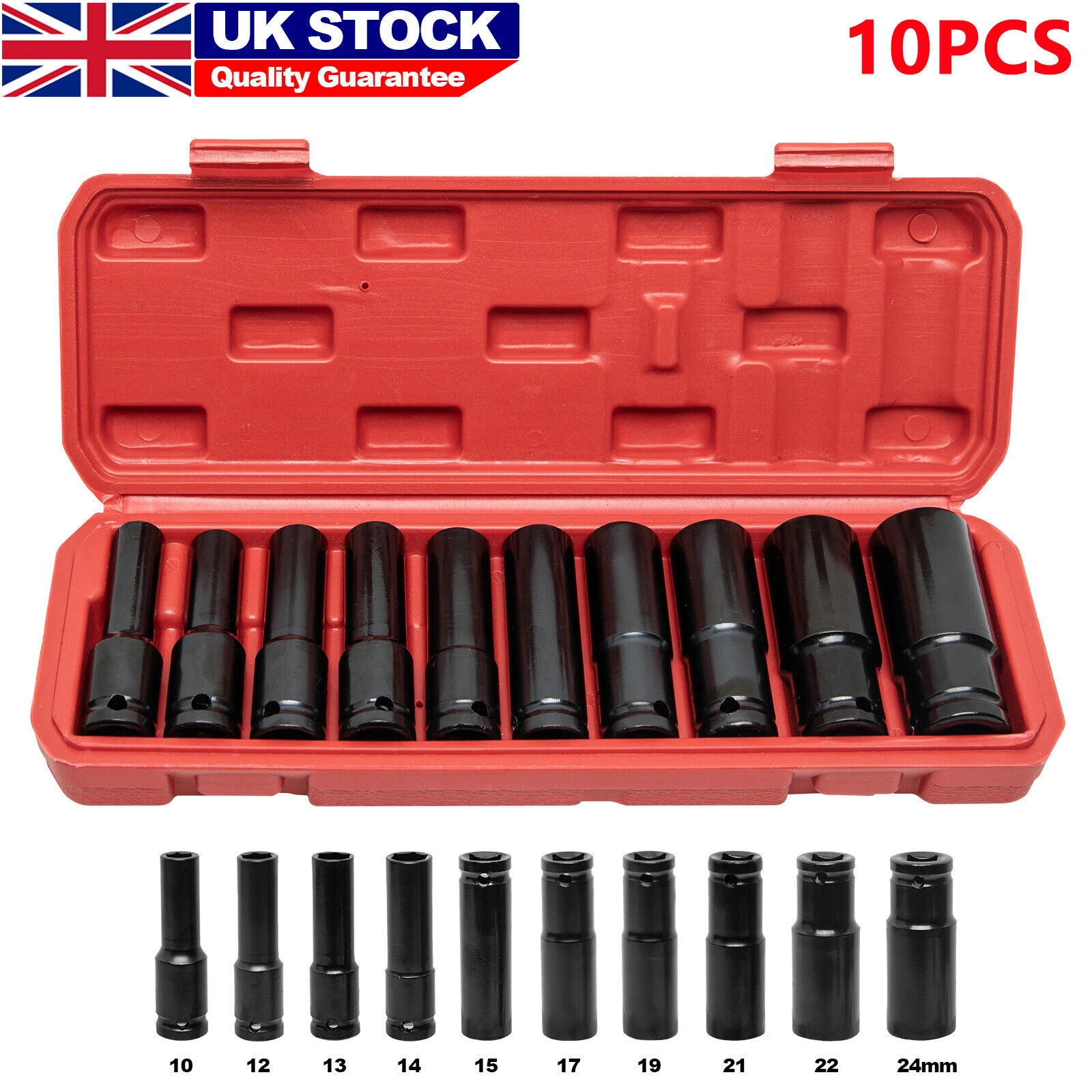 10pc Deep Impact Socket Set 1/2 Drive 10-24mm Metric Chrome Vanadium Steel Heavy Duty Ratchet Wrench Tool Kit UK view 2