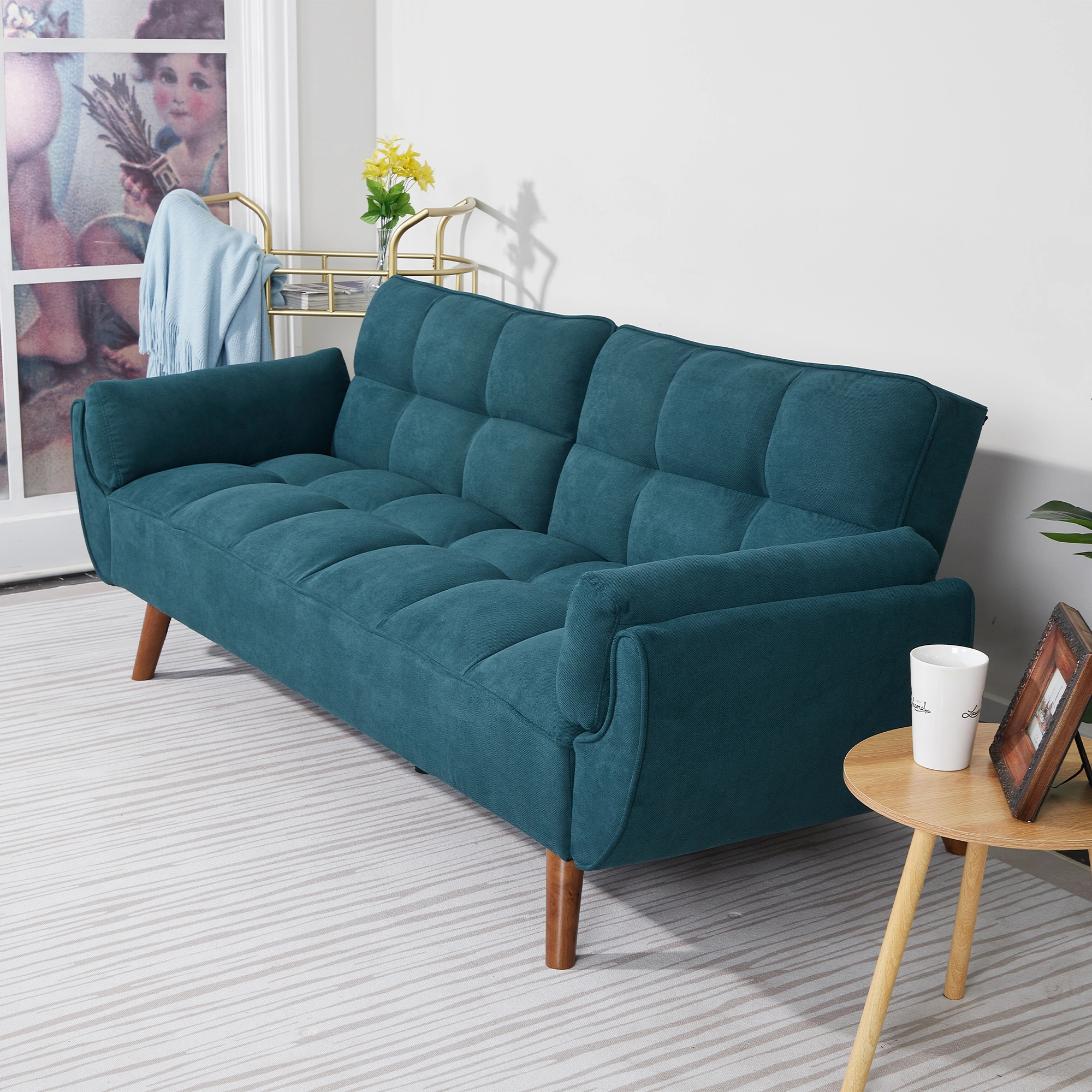 75 Inch Flared Arm Convertible Sleeper Sofa Bed, Green Fabric Upholstery, 3-Seater Couch view 11