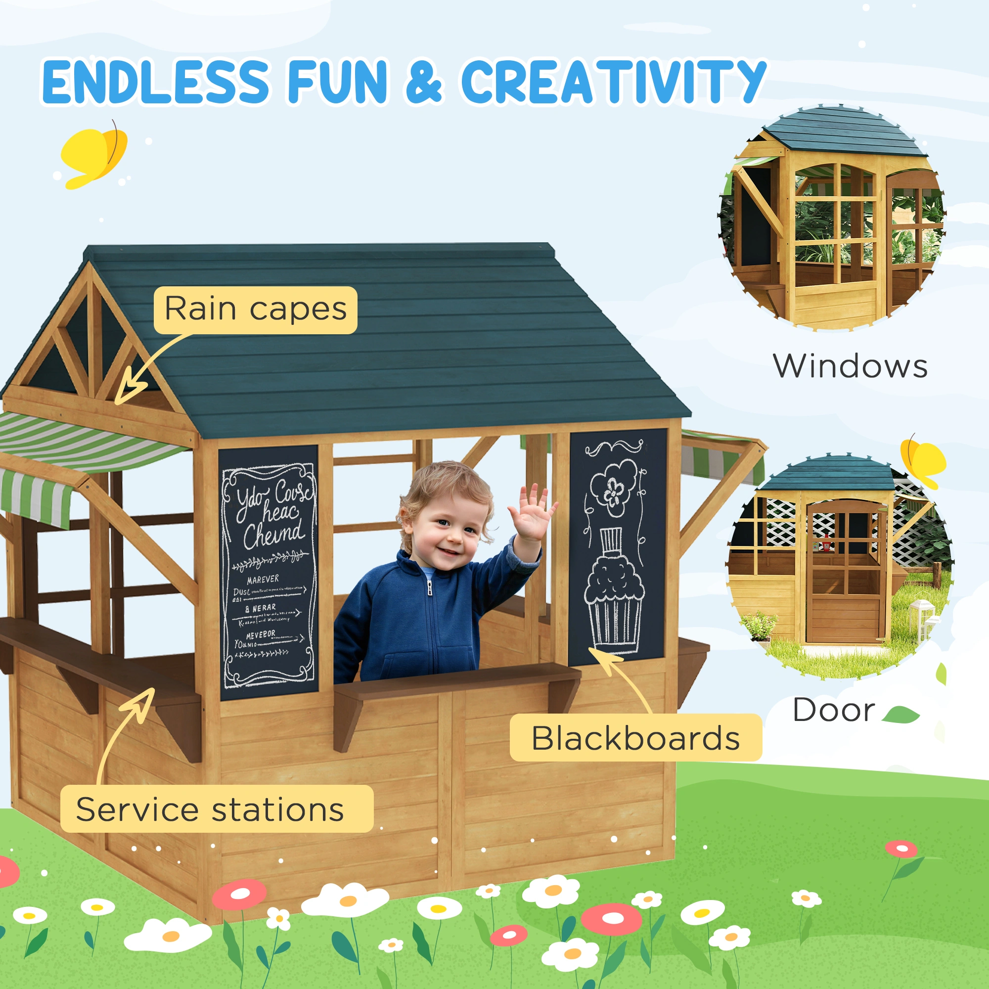 Garden Wooden Playhouse for Kids - Outdoor Indoor Fort with Slide & Roof, Large Kids Play Tent House for Toddlers Ages 3-8 view 3