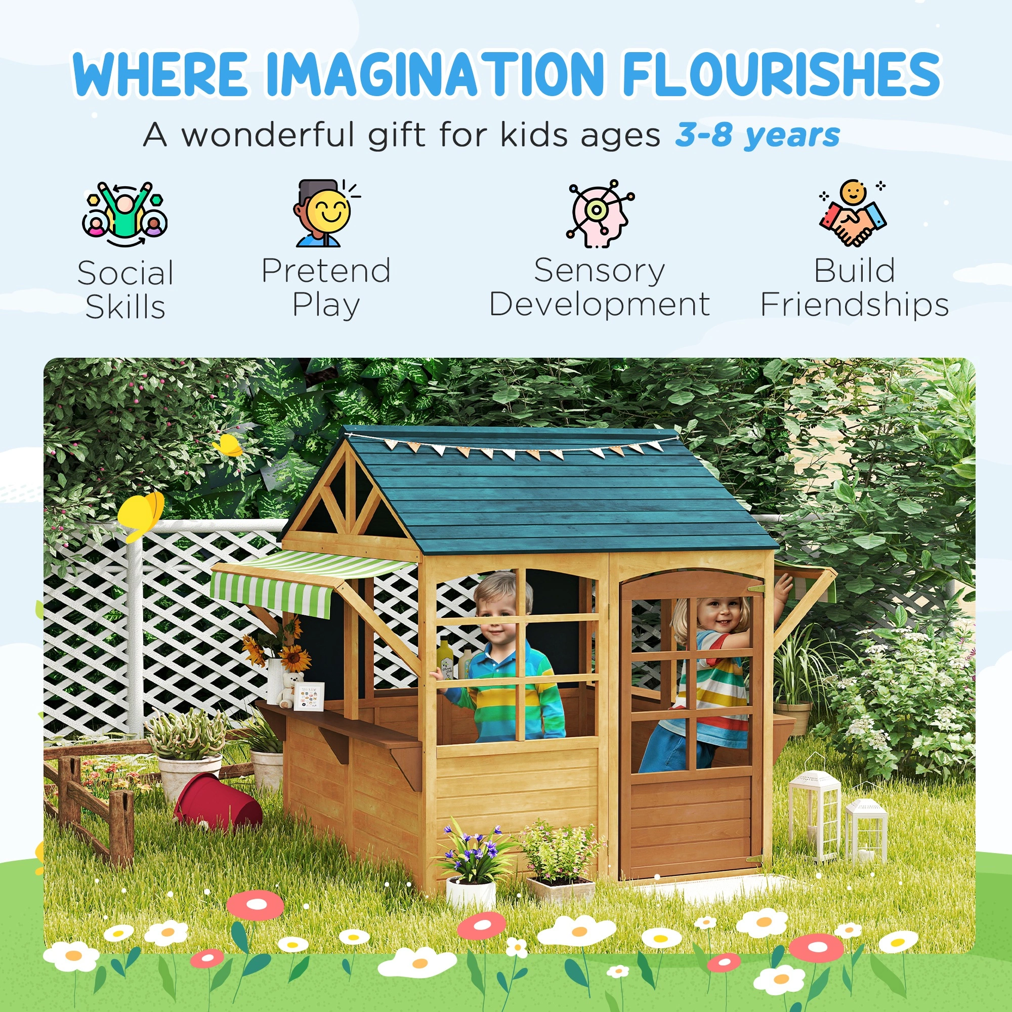 Garden Wooden Playhouse for Kids - Outdoor Indoor Fort with Slide & Roof, Large Kids Play Tent House for Toddlers Ages 3-8 view 7