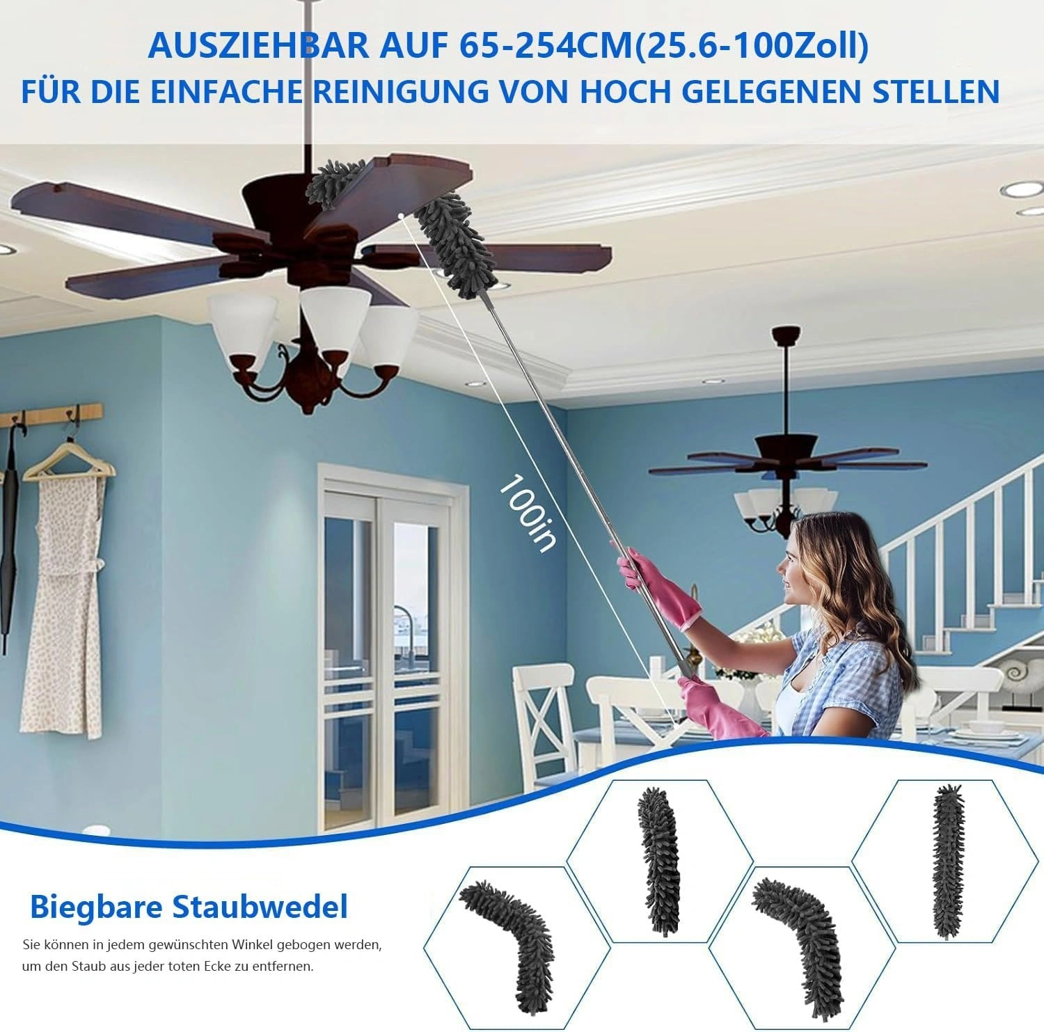 7 Pcs Microfiber Duster Set, Telescopic Extendable Washable Dusting Wand for Ceilings & Curtains view 3