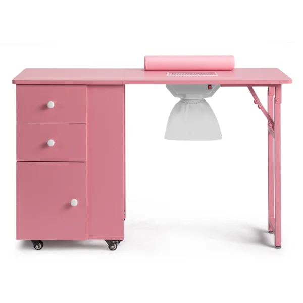 Nail Desk Folding Table, Pink MDF Manicure Station w/ 2 Drawers & 1 Door Cabinet for Nail Art Salon Home Beauty view 2