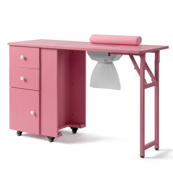 Nail Desk Folding Table, Pink MDF Manicure Station w/ 2 Drawers & 1 Door Cabinet for Nail Art Salon Home Beauty view 3