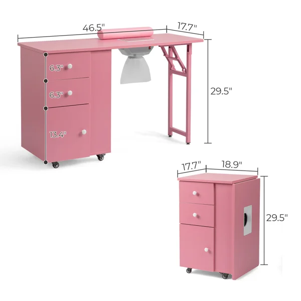 Nail Desk Folding Table, Pink MDF Manicure Station w/ 2 Drawers & 1 Door Cabinet for Nail Art Salon Home Beauty view 5