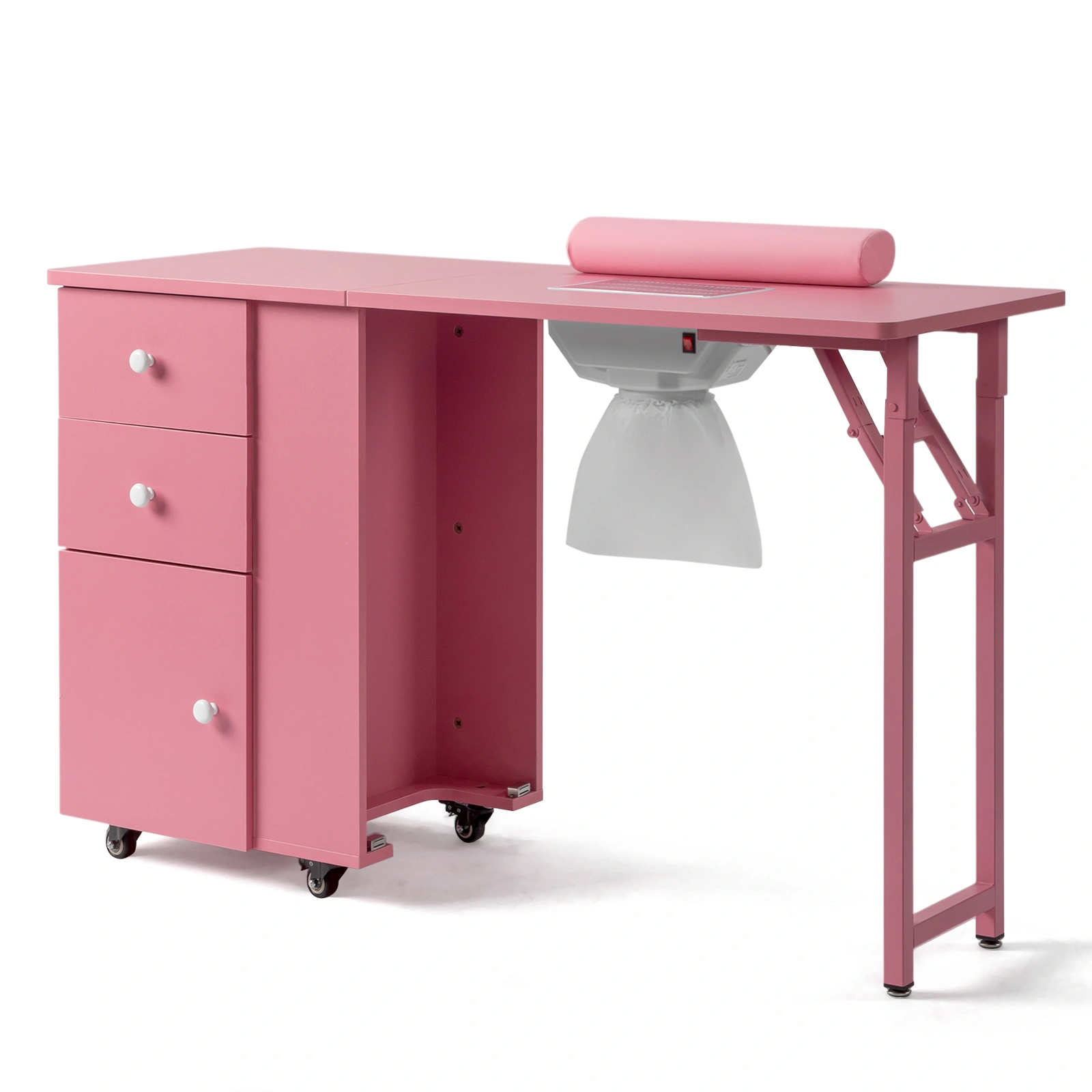 Pink Folding Nail Desk Table, MDF Manicure Station with 2 Drawers & 1 Cabinet Door, Portable Nail Art Workstation for Salon Home Beauty view 3
