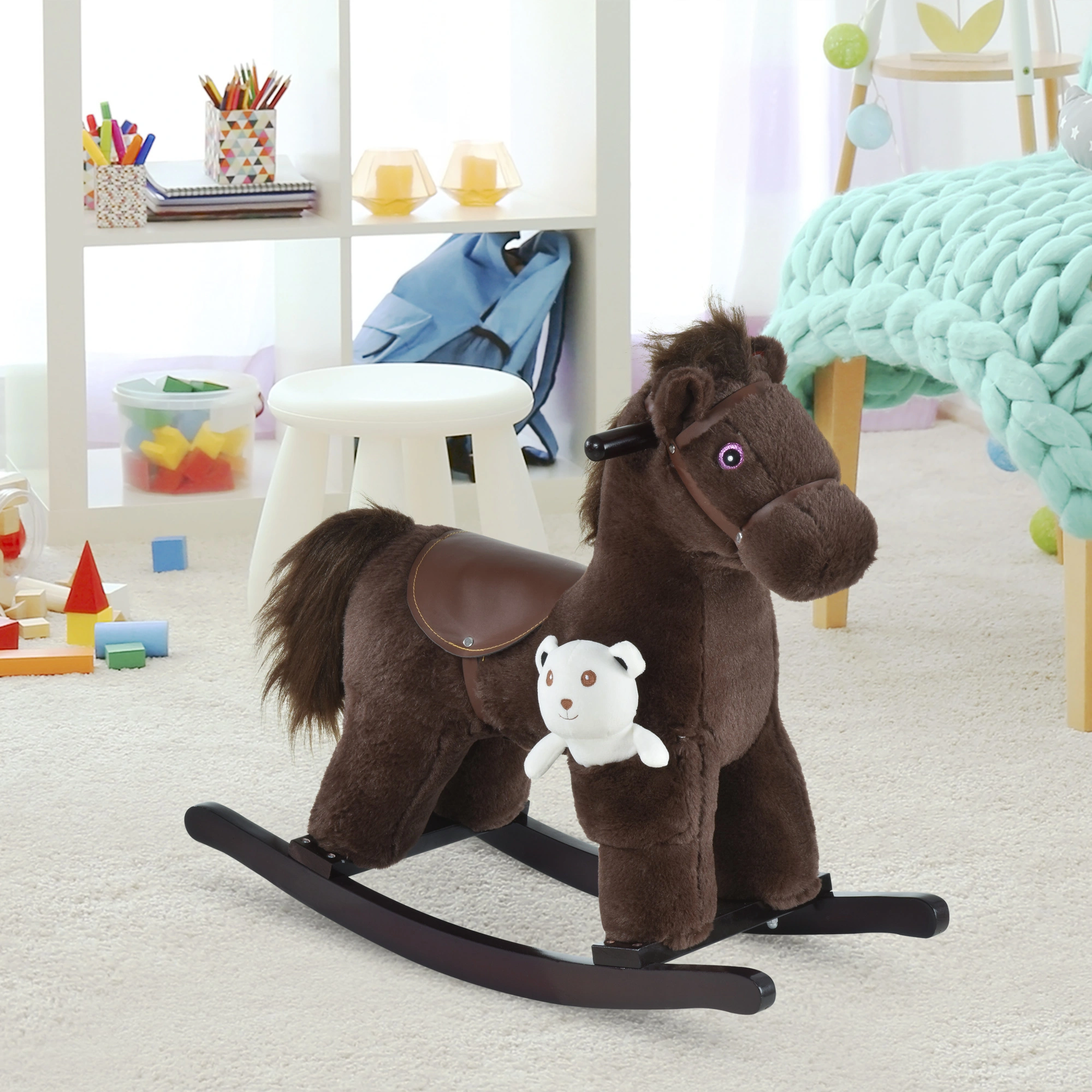 Kids Rocking Horse, Wooden Ride-On Toy with Soft Foam Seat for Toddlers