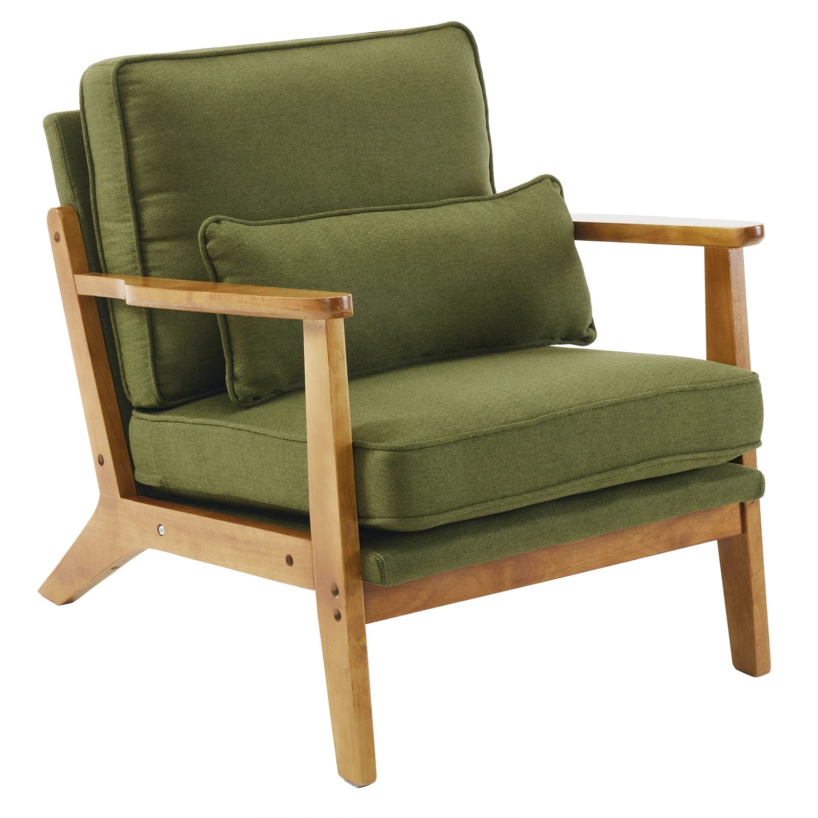 Mid-Century Oak Accent Chair - Linen-Cotton Forest Green Upholstered Single Lounge Chair, Indoor Armchair with Sturdy Wood Frame 330LBS Weight Capacity