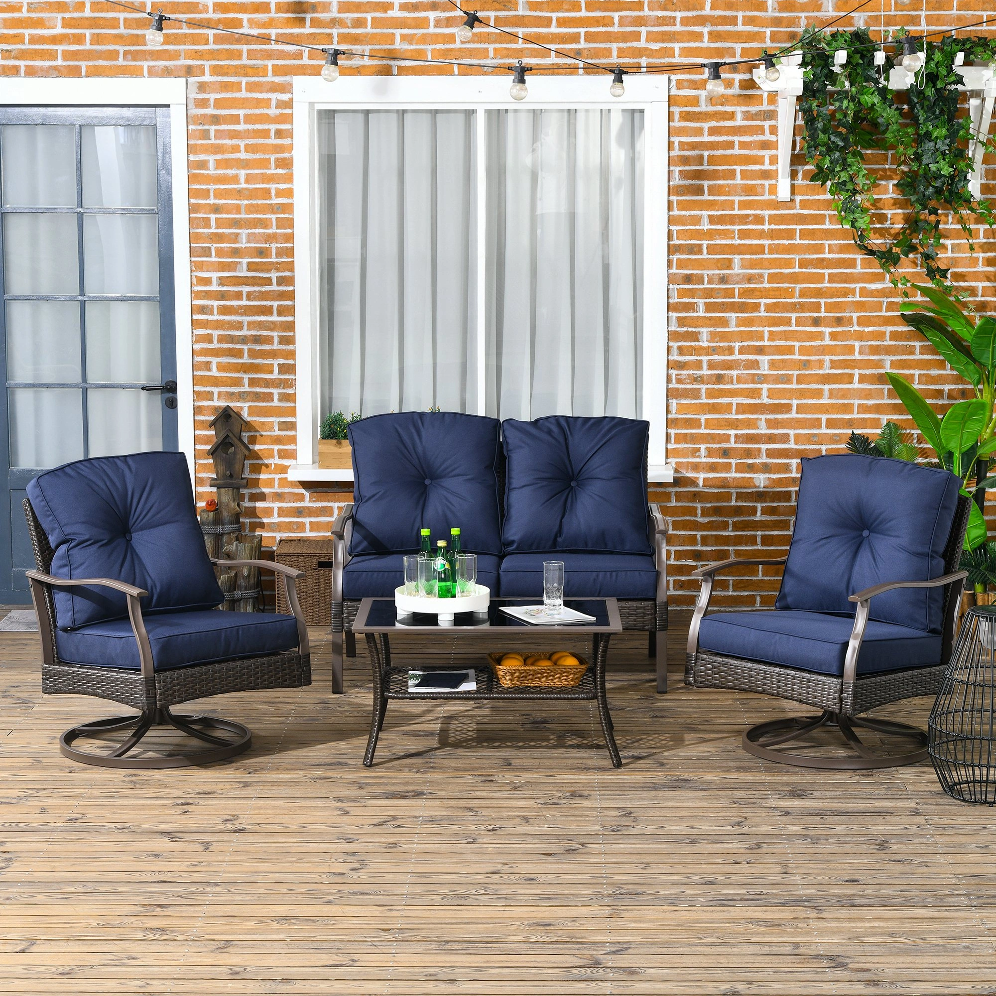 Wicker Patio Furniture Set 4 Piece Outdoor Garden Sofa Chair Conversation Seating with Cushion