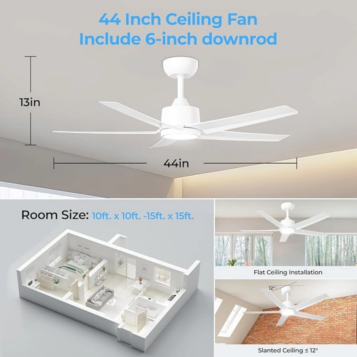 44 inch Ceiling Fans with Lights, Large Air Volume Ceiling Fans with Reversible Quiet DC Motor and Remote, 5D-W5[Unable ship on weekends, TK/TEMU only for pickup, only TX10643 warehouse supports GOFO] view 6