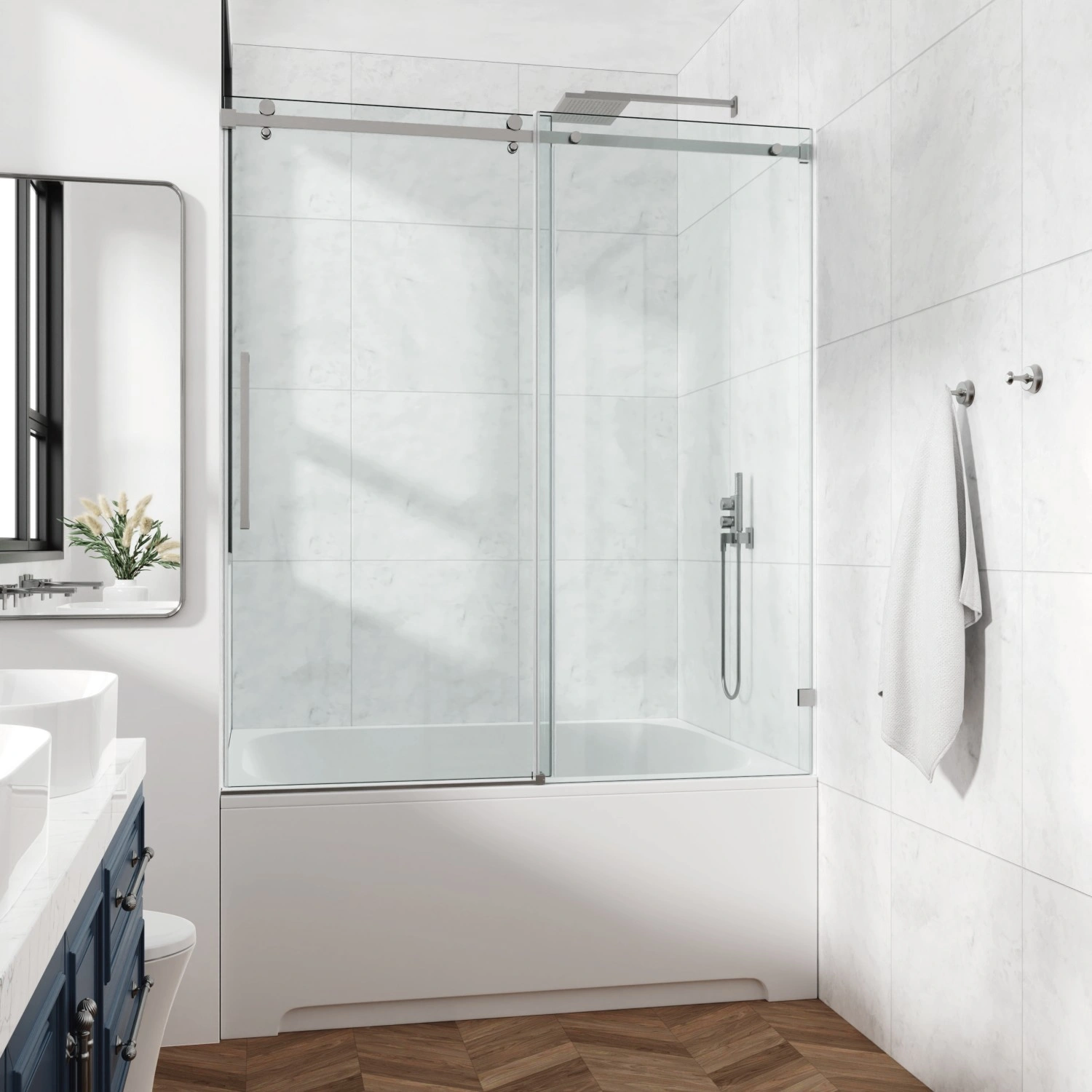 60"x76" Framed Sliding Shower Door with Fixed Panel, 3/8" (10mm) SGCC Tempered Clear Glass, Square Tube Stainless Steel Hardware, Bypass Style