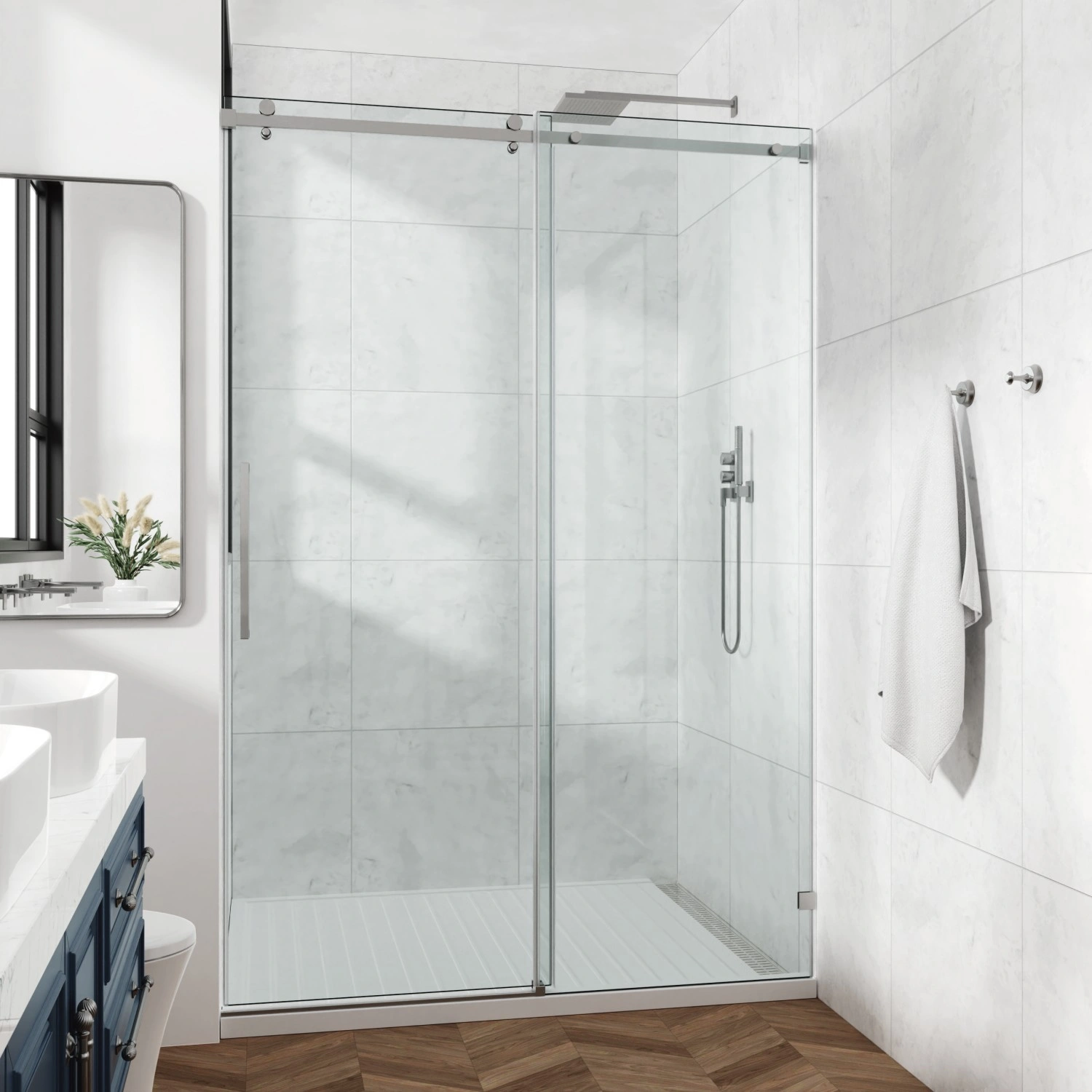 60"x76" Framed Sliding Shower Door with Fixed Panel, 3/8" (10mm) SGCC Tempered Clear Glass, Square Tube Stainless Steel Hardware, Bypass Style view 2