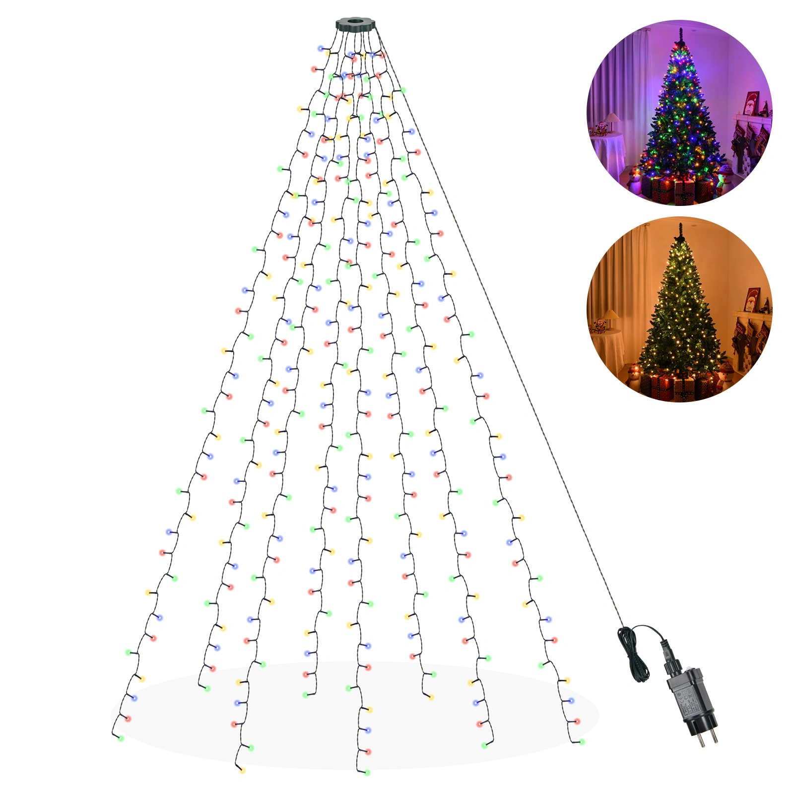 200cm Christmas Tree Lights with Ring 280 LED Xmas String Lights Warm White Colorful 11 Modes Battery Operated for Tree Party Home Decoration view 2