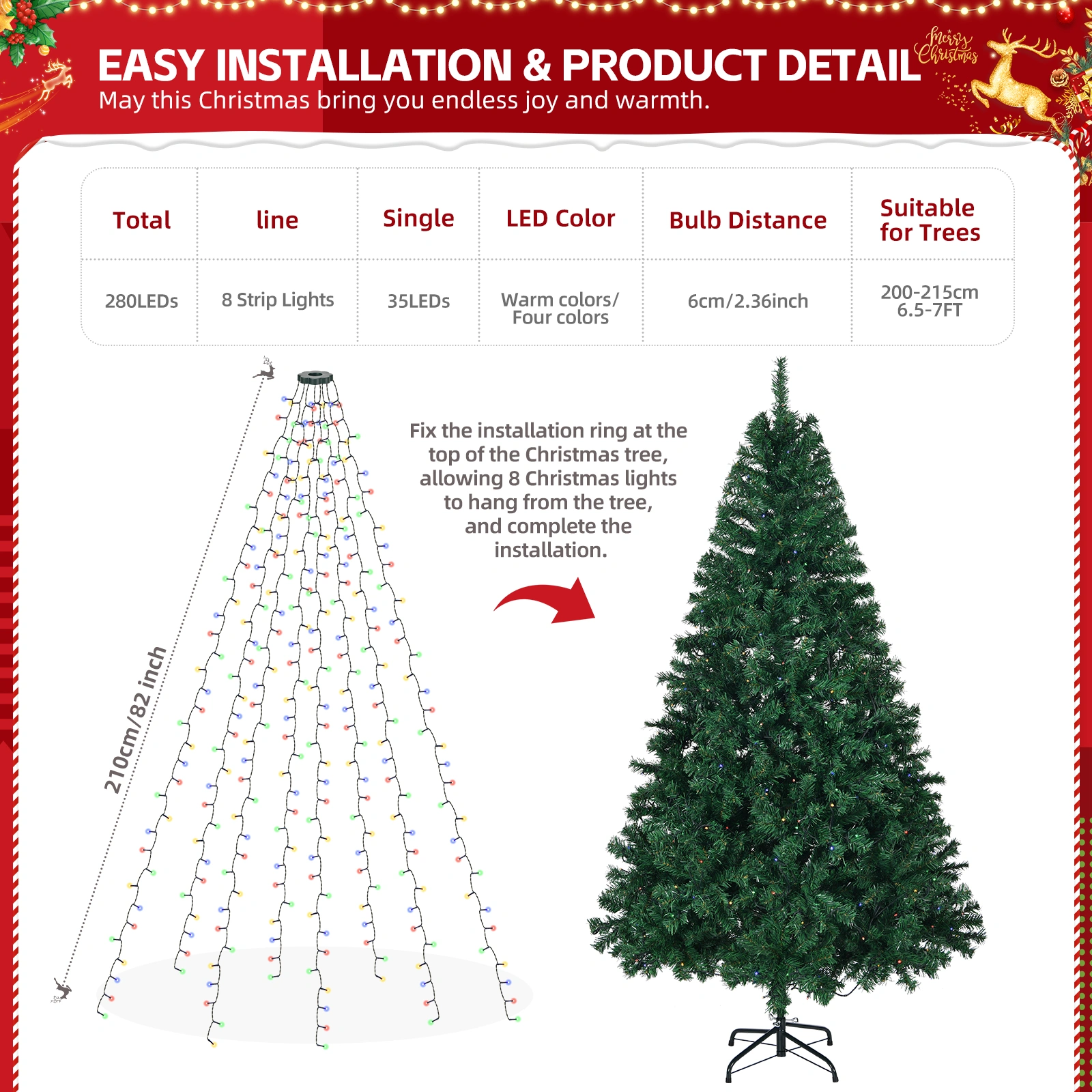 200cm Christmas Tree Lights with Ring 280 LED Xmas String Lights Warm White Colorful 11 Modes Battery Operated for Tree Party Home Decoration view 3