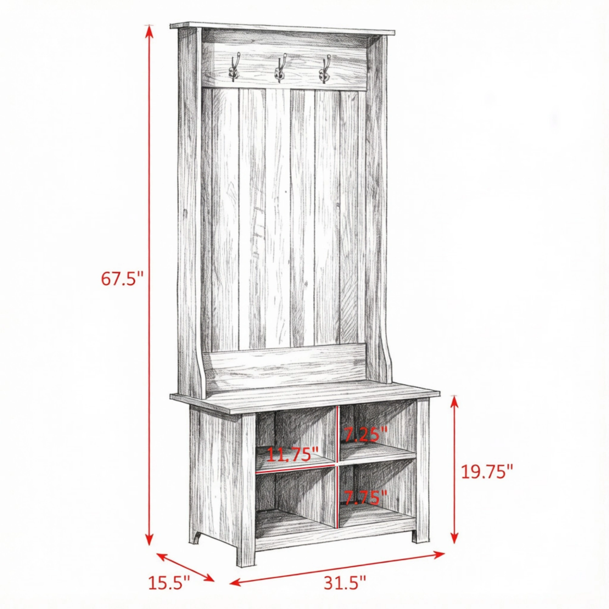 Grey Hall Tree with Shoe Storage Bench Entryway Organizer for Living Room Hall Tree Bench Combination view 3