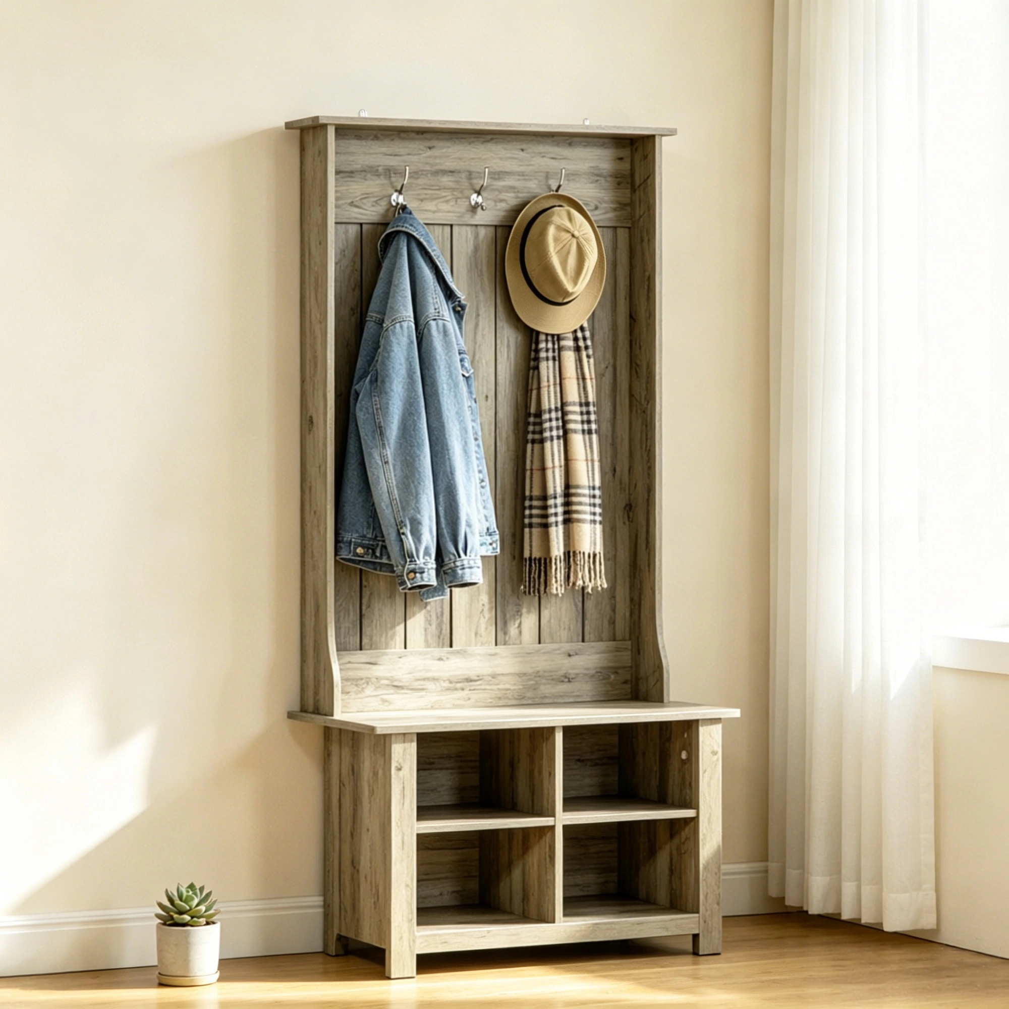 Grey Hall Tree with Shoe Storage Bench Entryway Organizer for Living Room Hall Tree Bench Combination view 4