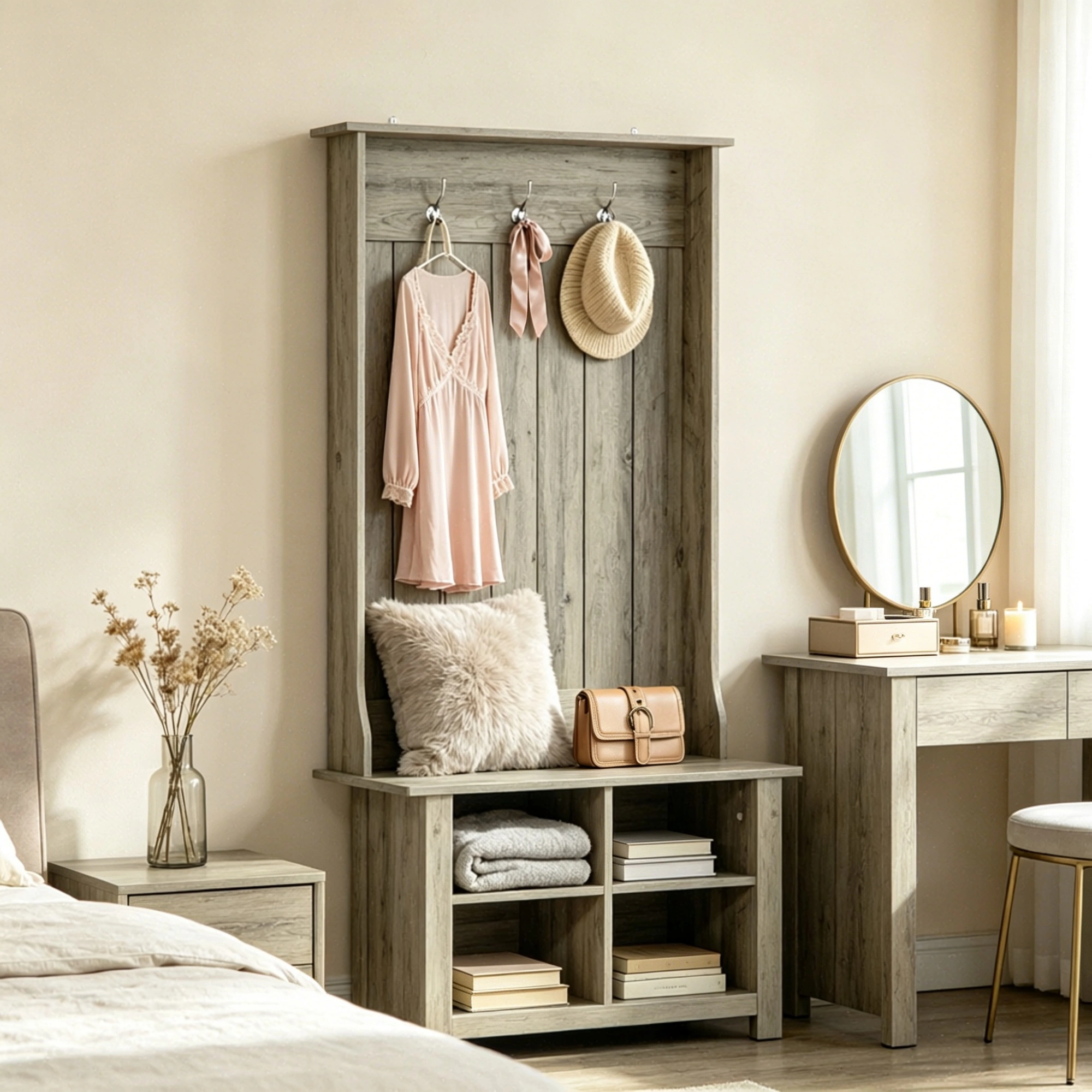 Grey Hall Tree with Shoe Storage Bench Entryway Organizer for Living Room Hall Tree Bench Combination view 5