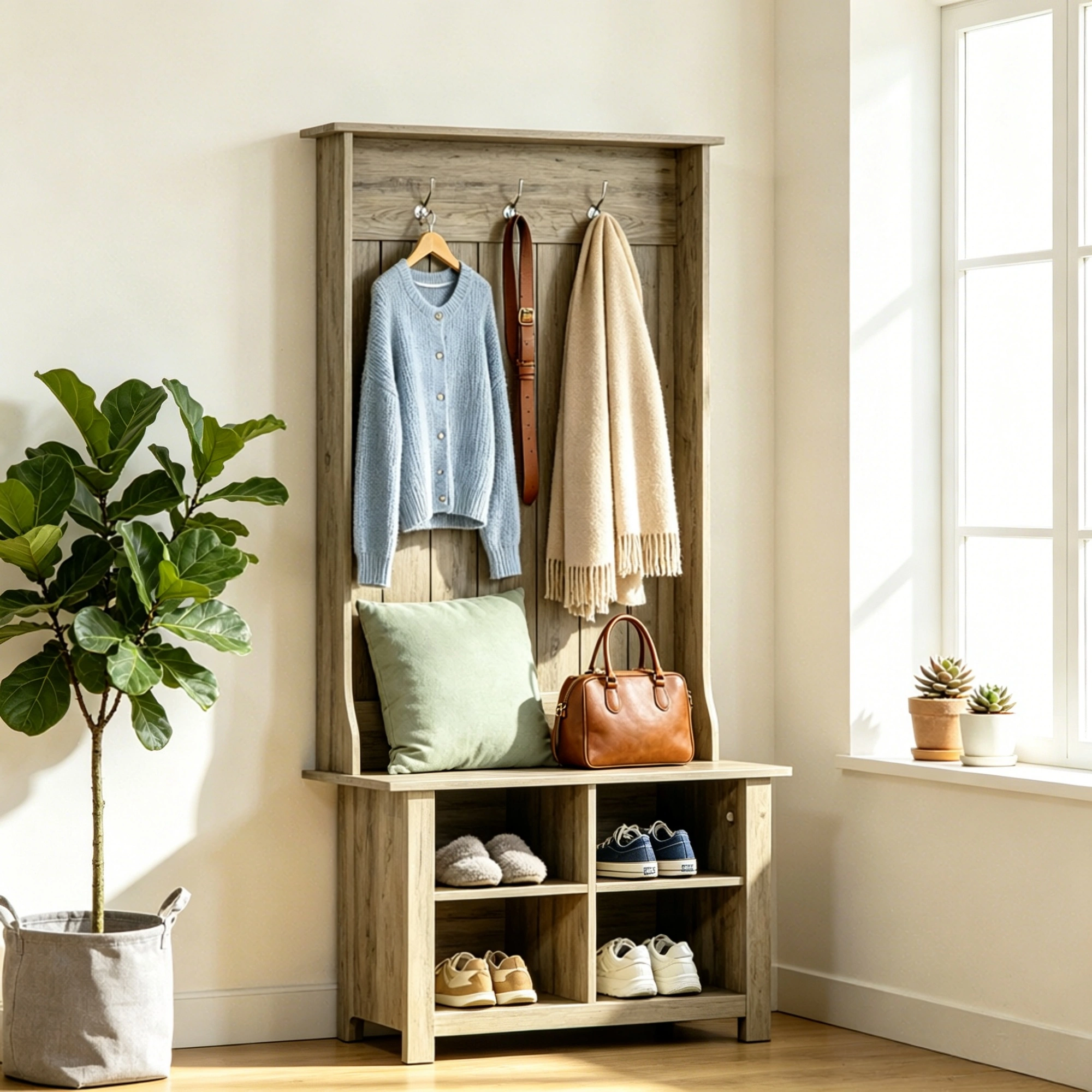 Grey Hall Tree with Shoe Storage Bench Entryway Organizer for Living Room Hall Tree Bench Combination view 6
