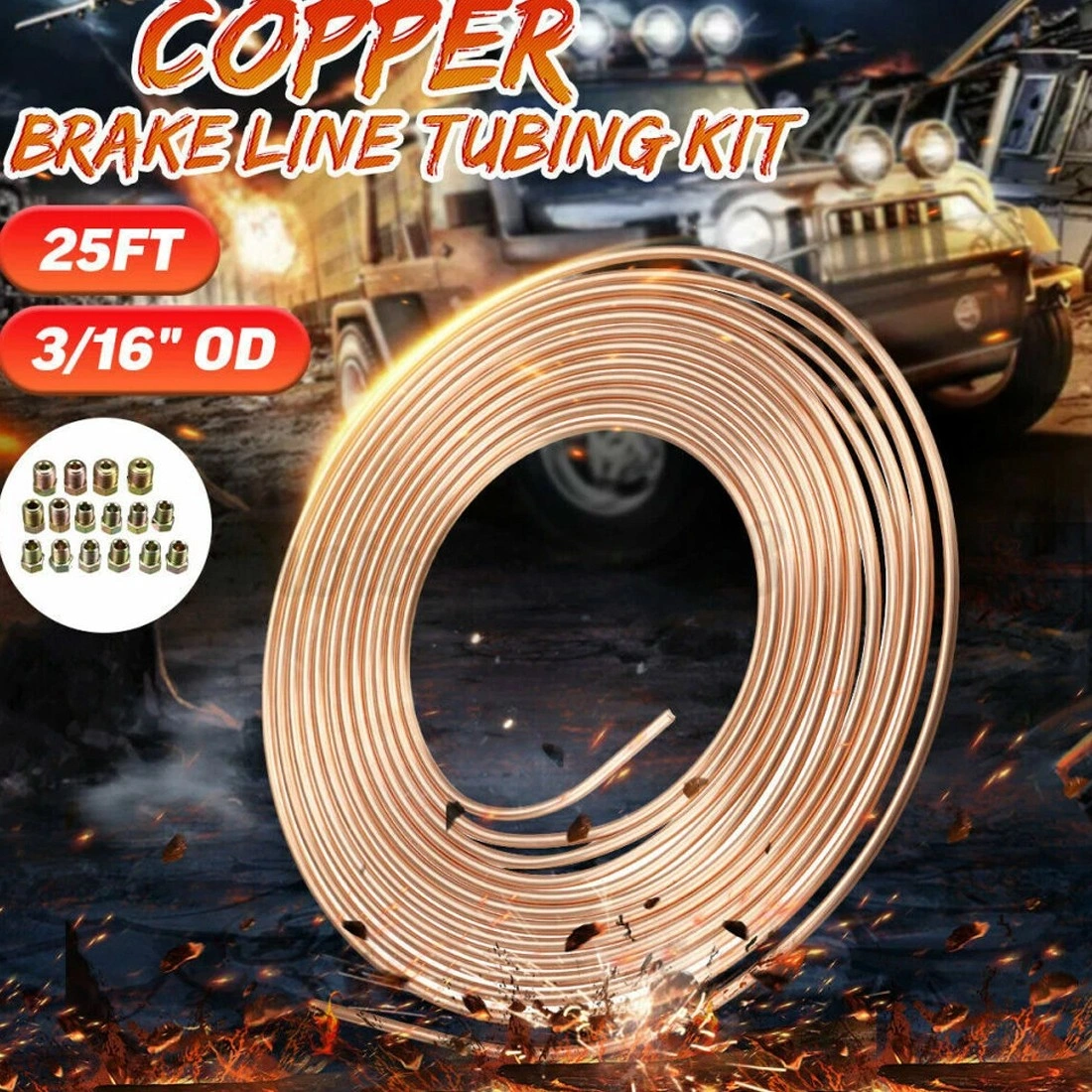 3x 25ft Copper Nickel Brake Line Tubing 3/16" + 48 Flare Nuts Repair Kit UK
