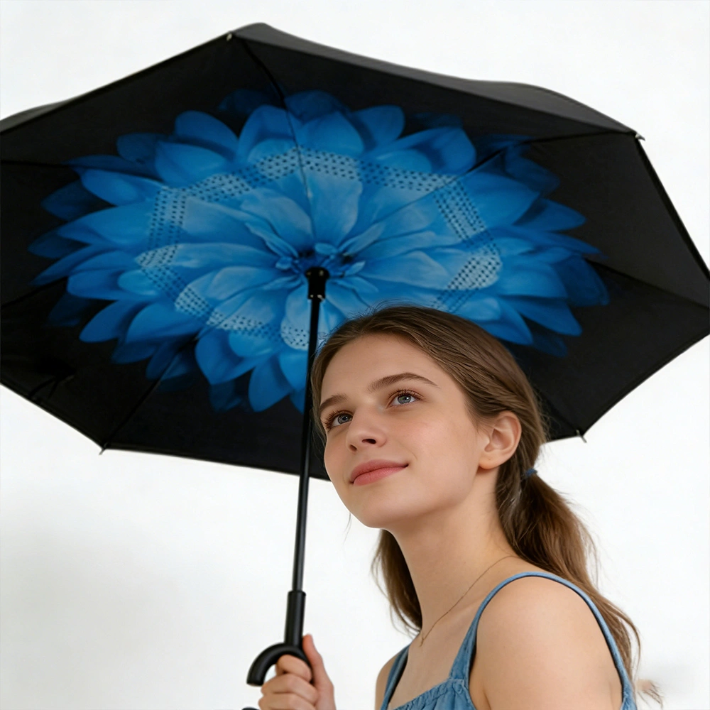 Blue Daisy Double Layer Inverted Umbrella Windproof UV Protection Reverse Open C Handle Large Self Standing Umbrella view 2