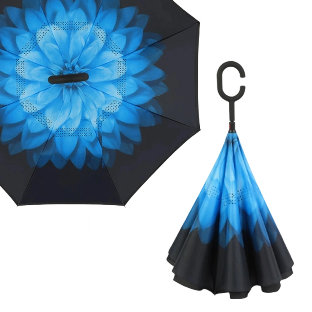 Blue Daisy Double Layer Inverted Umbrella Windproof UV Protection Reverse Open C Handle Large Self Standing Umbrella view 3