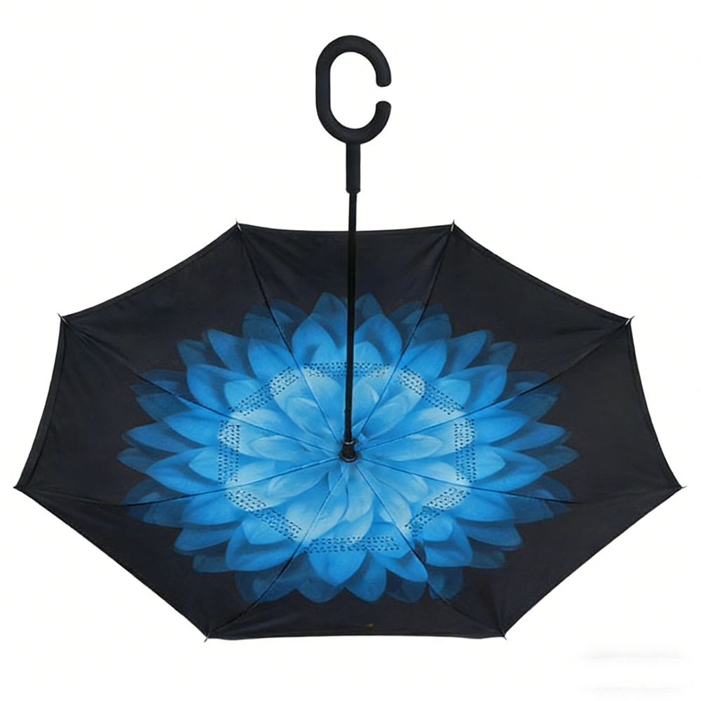 Blue Daisy Double Layer Inverted Umbrella Windproof UV Protection Reverse Open C Handle Large Self Standing Umbrella view 4