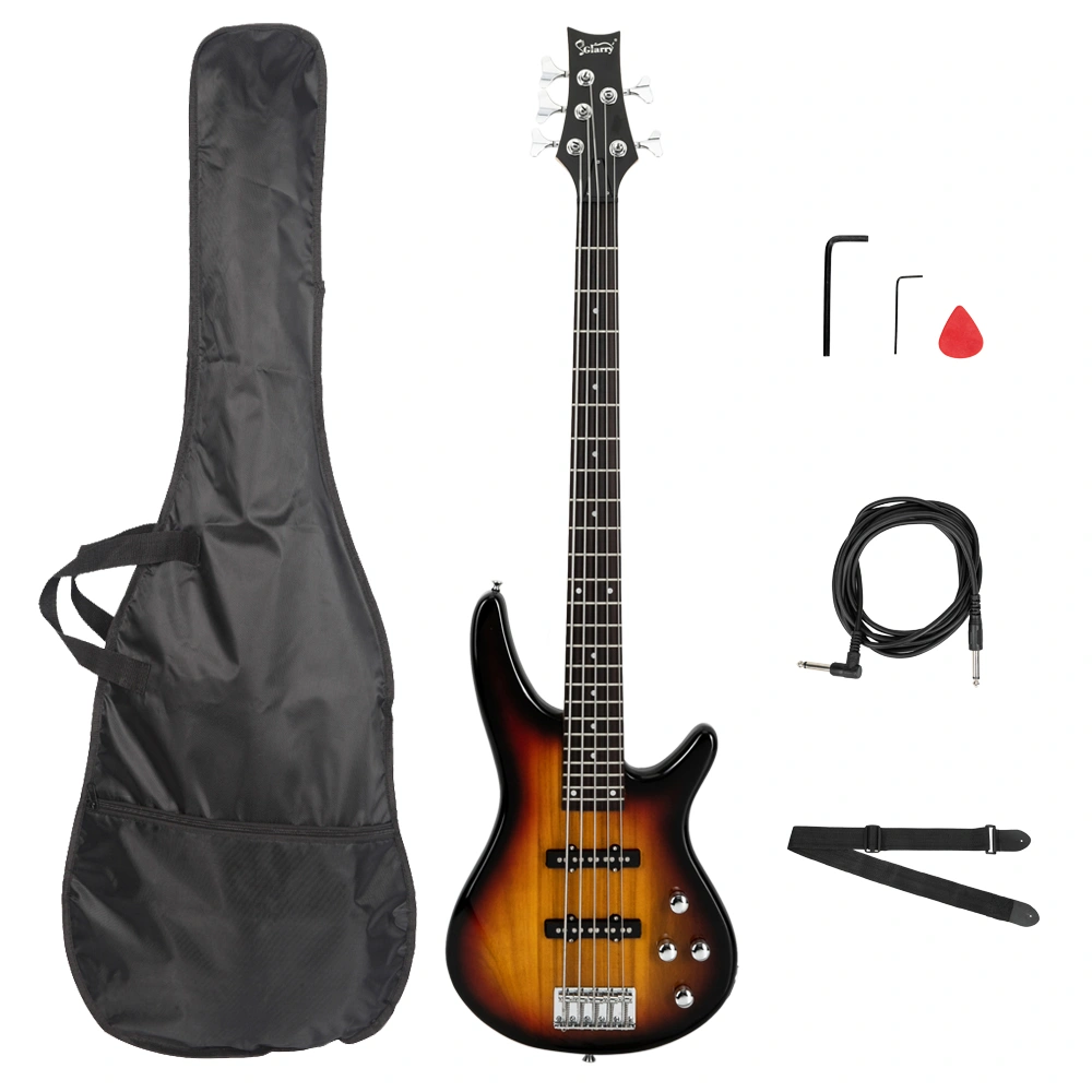GIB Electric 5-String Bass Guitar Full Size Bundle with Gig Bag, Strap, Picks, Connector & Wrench Tool - Sunset view 2