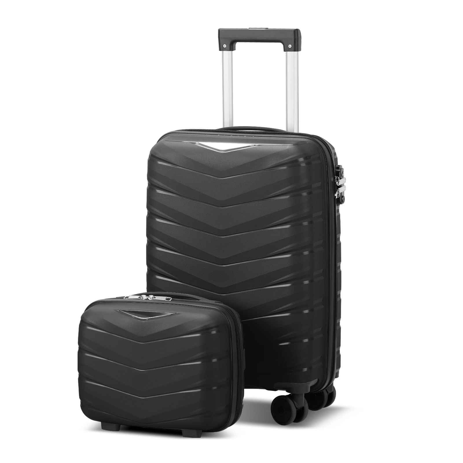 V-Striped 2-Piece PP Trolley Suitcase Set with Handbag 14in 20in PP + Iron Frame Classic Black Grained Pattern