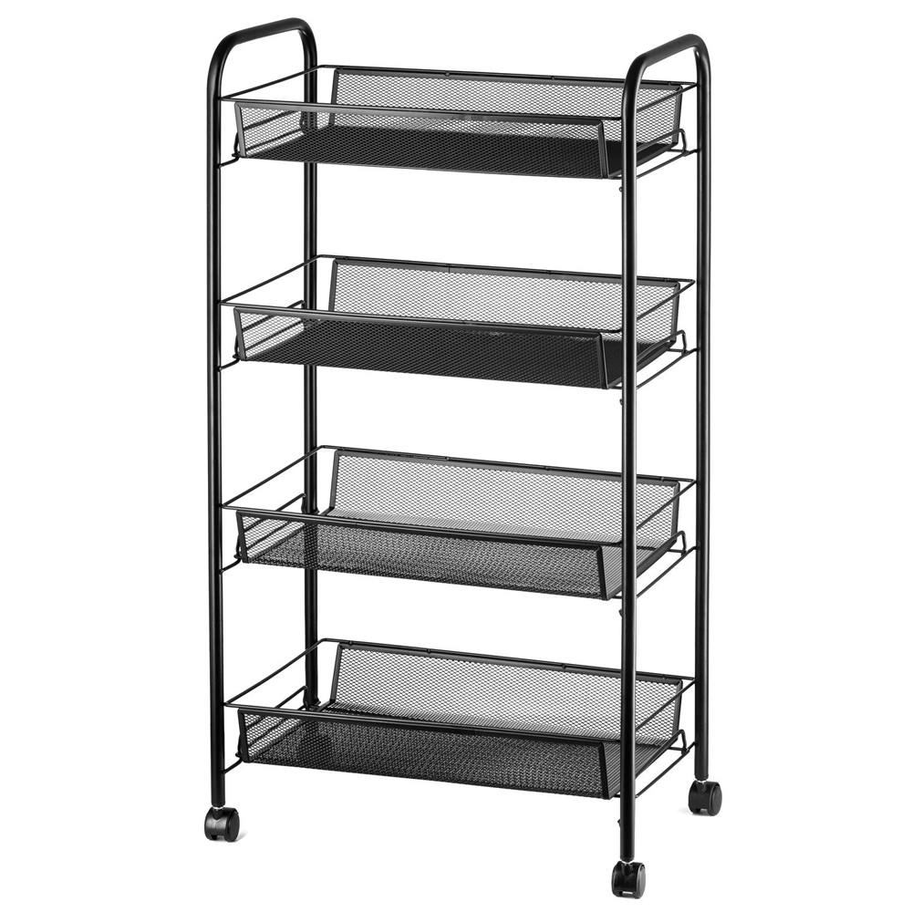 4-Tier Honeycomb Mesh Storage Cart with Hook, Black Rolling Organizer Shelf