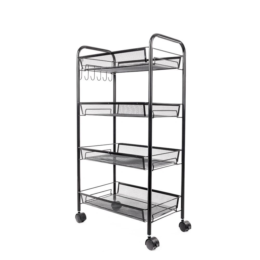 4-Tier Honeycomb Mesh Storage Cart with Hook, Black Rolling Organizer Shelf view 3