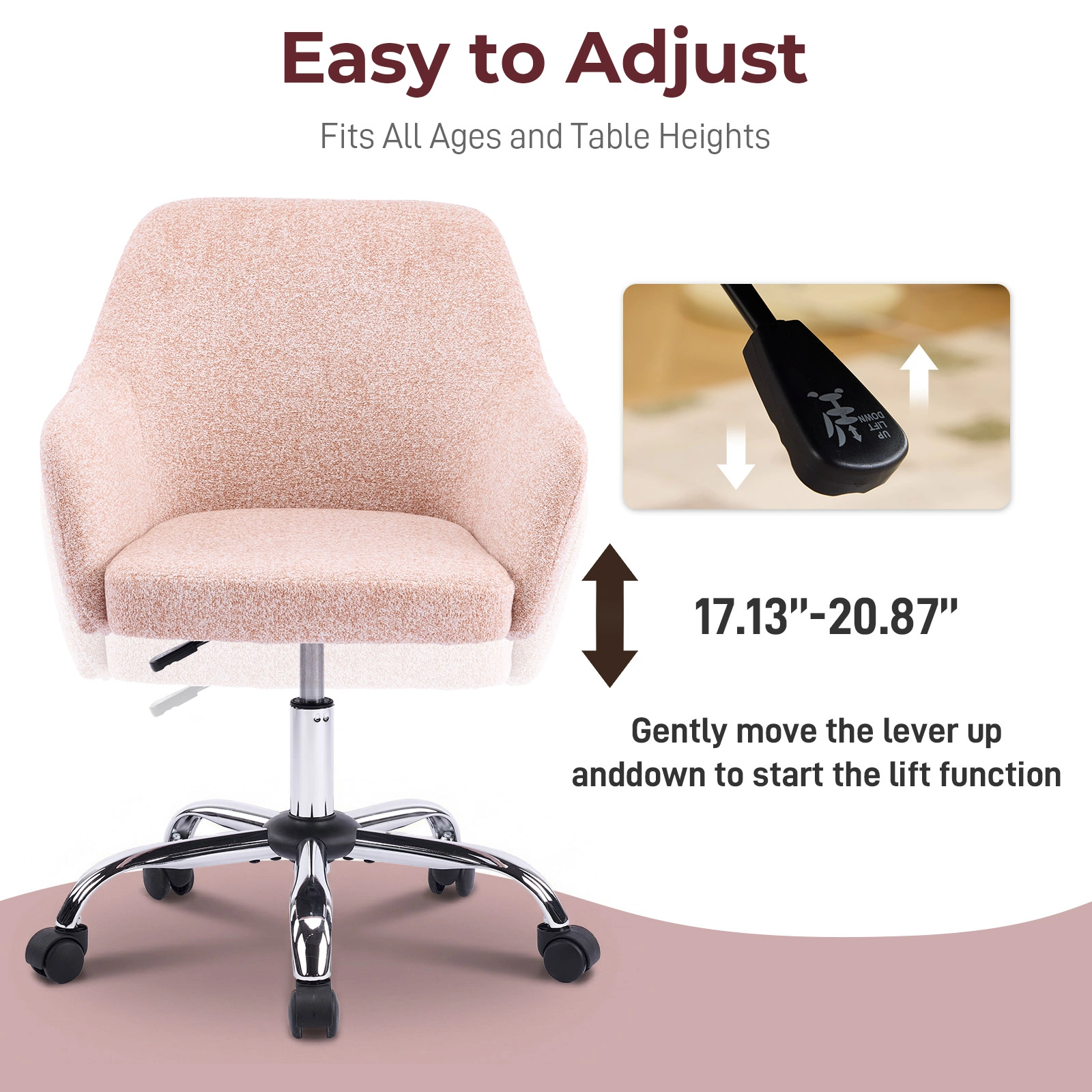 4" Vanity Desk Chair with Armrests Snowflake Velvet Upholstered Office Chair 31"-35" Height Adjustable 360° Swivel Rolling Chair for Bedroom Study Living Room Orange view 2