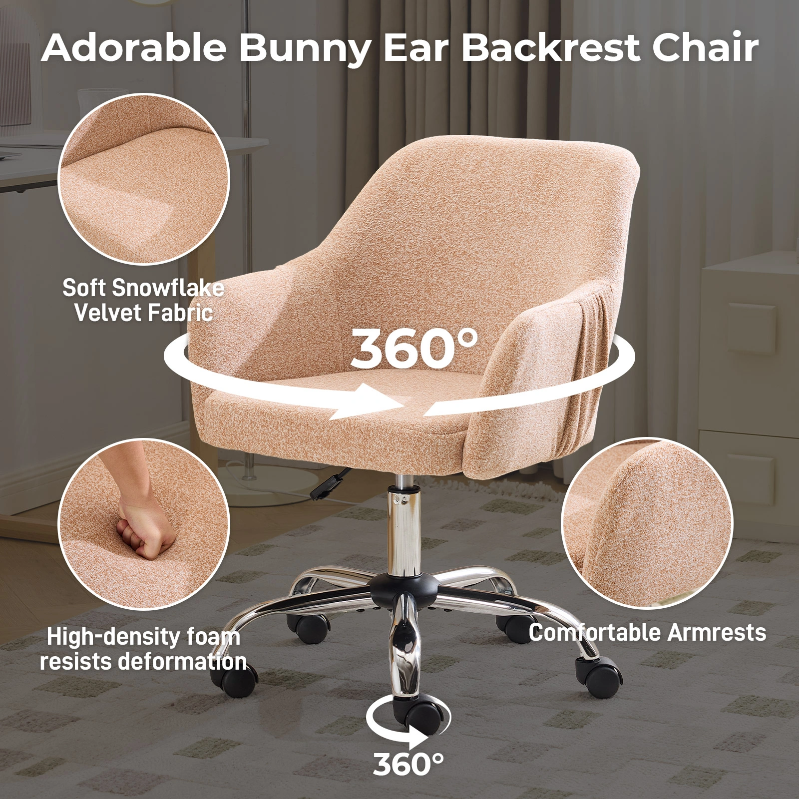 4" Vanity Desk Chair with Armrests Snowflake Velvet Upholstered Office Chair 31"-35" Height Adjustable 360° Swivel Rolling Chair for Bedroom Study Living Room Orange view 3
