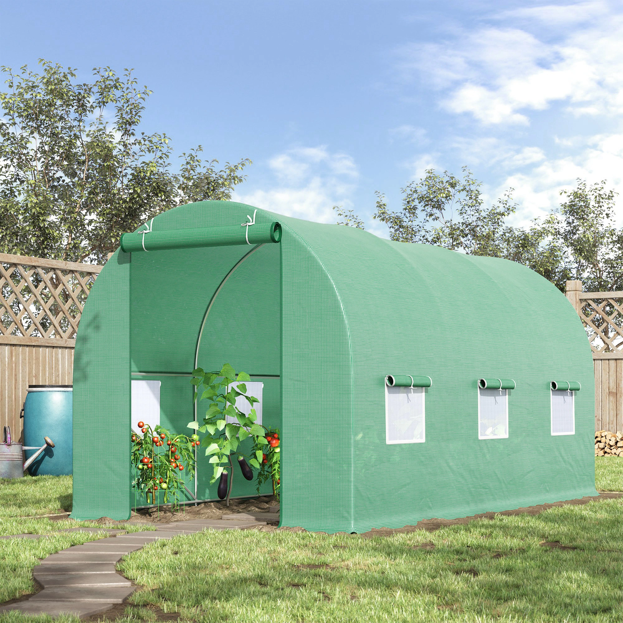 15' x 7' x 7' Walk-in Tunnel Hoop Greenhouse, Steel Frame with PE Cover & Roll-up Zipper Door
