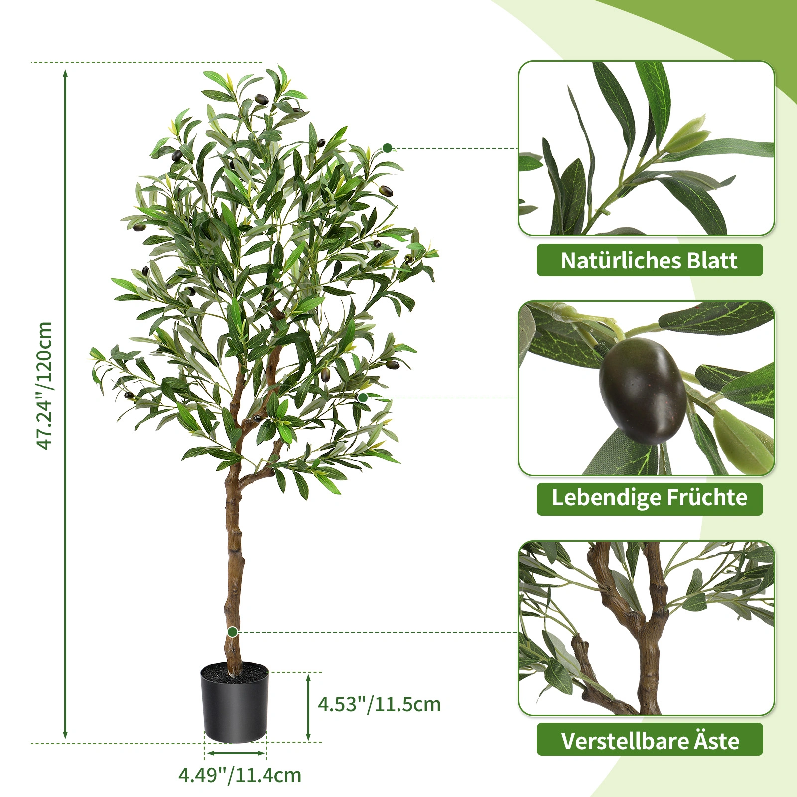 120cm Artificial Olive Tree with Silk Leaves, 550 Leaves & 22 Fruits, PVC Decorative Olive Tree for Home Garden view 3
