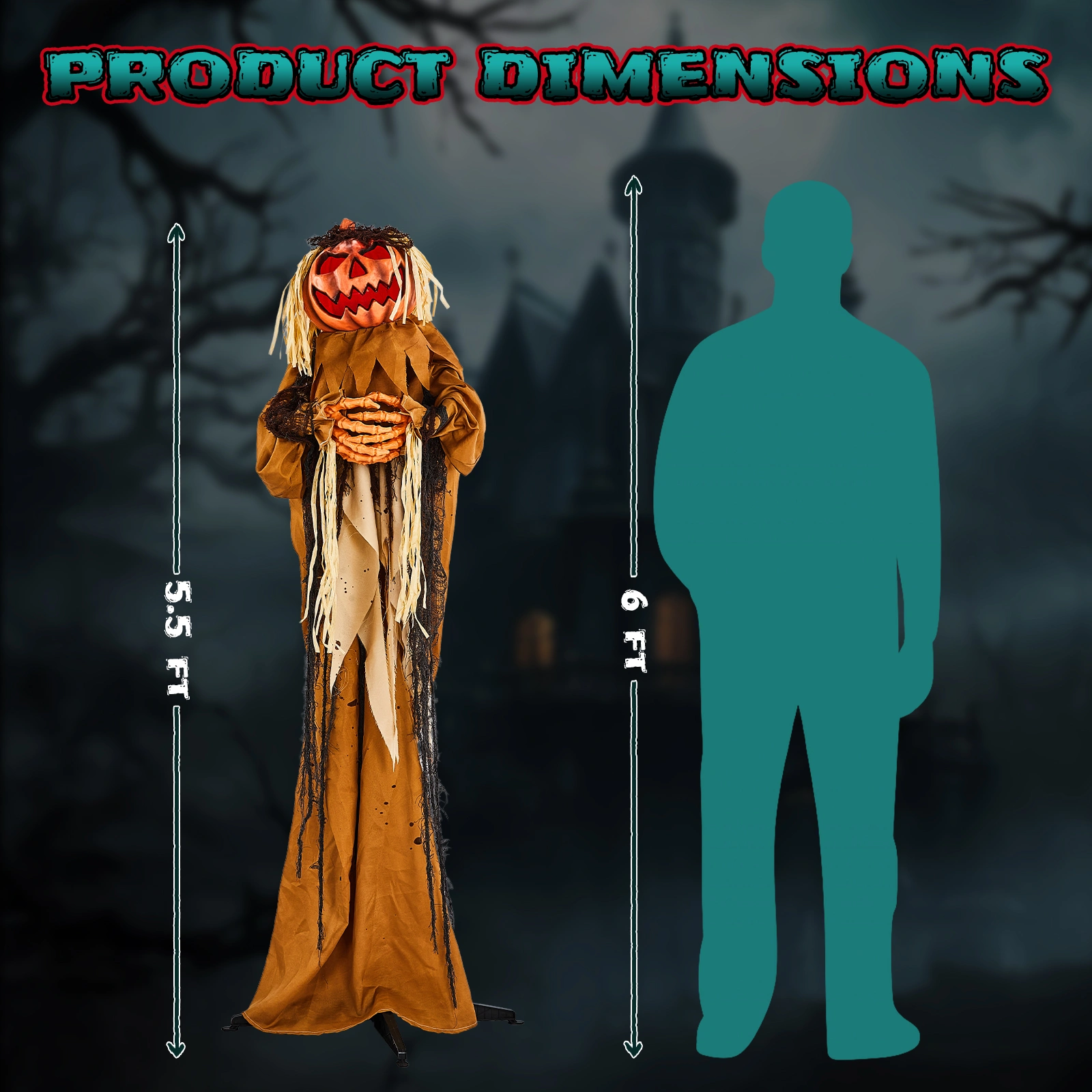 5.5ft Halloween Pumpkin Man Animatronic Decoration - Red Glowing Head, Sound Activated Head Turning, Talking Male Voice, Battery Operated Standing Prop view 3