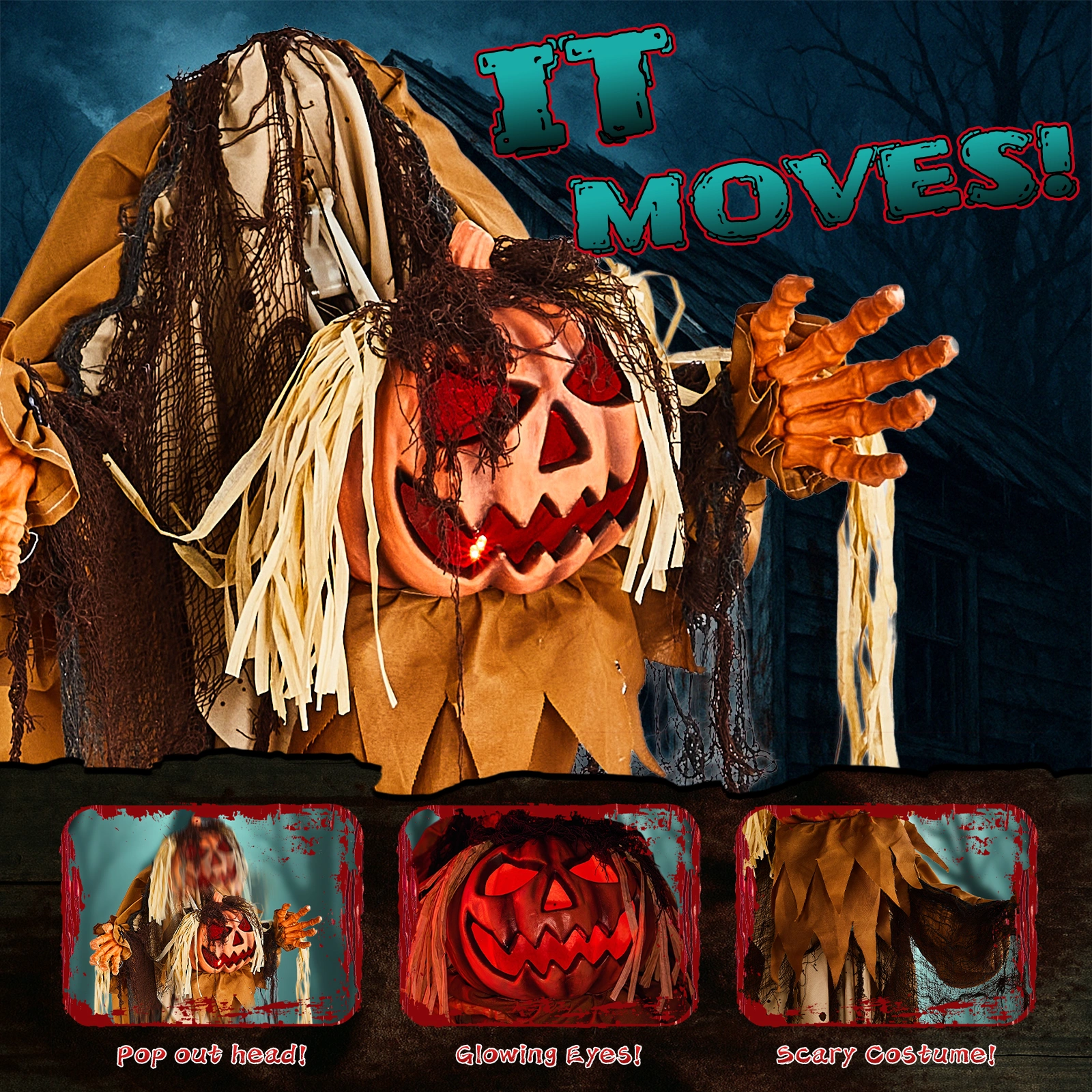 5.5ft Halloween Pumpkin Man Animatronic Decoration - Red Glowing Head, Sound Activated Head Turning, Talking Male Voice, Battery Operated Standing Prop view 6
